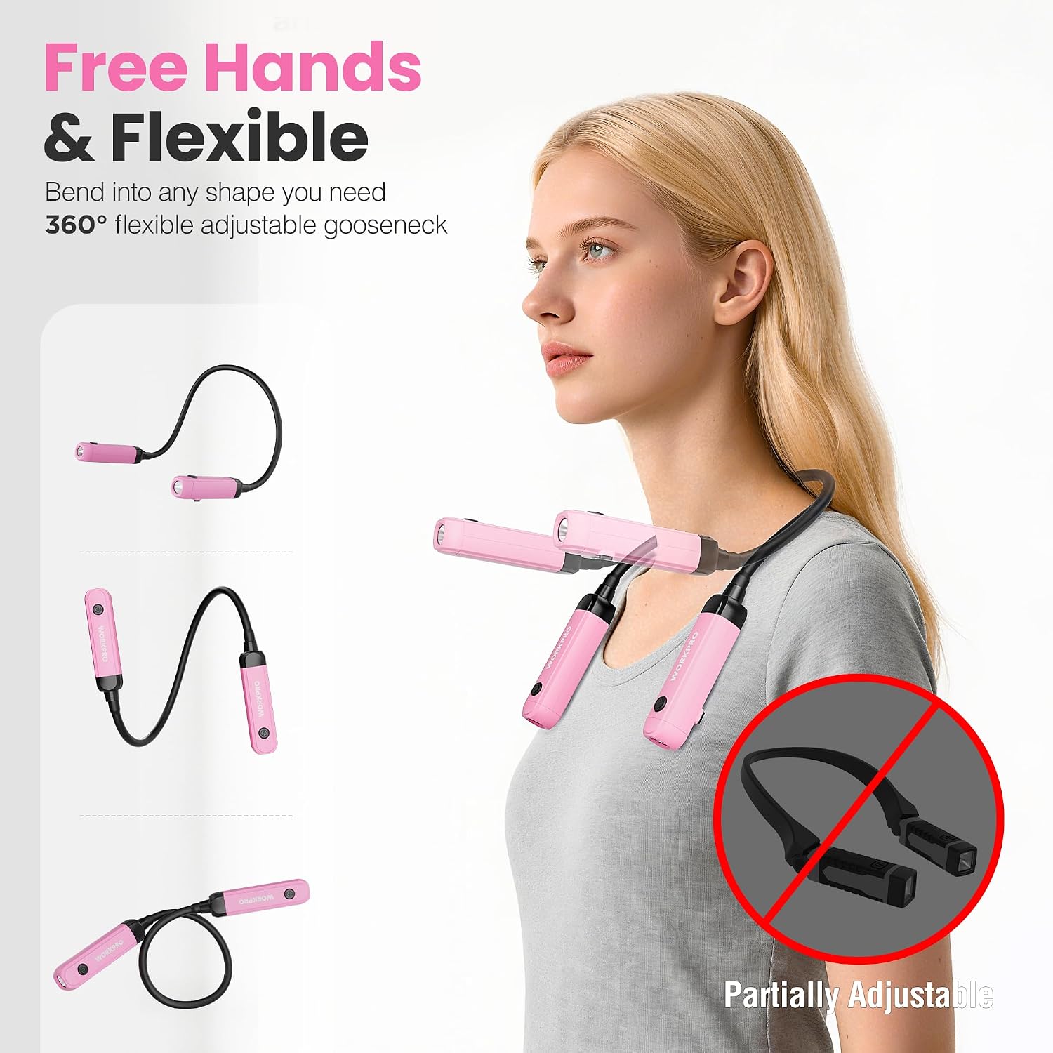 Pink hands-free neck light worn on a person with two LED light pods