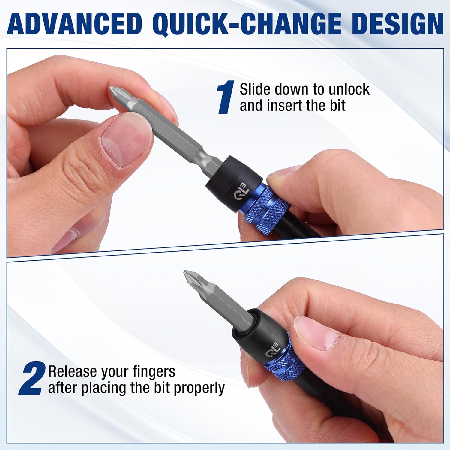Quick-change drill bit extension adapter with slide-to-unlock bit release.
