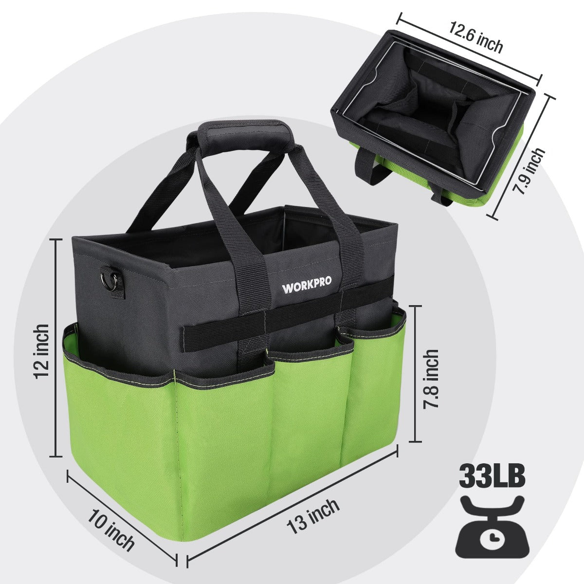Standable green and black tool tote bag with reinforced base, carry handles, and long strap