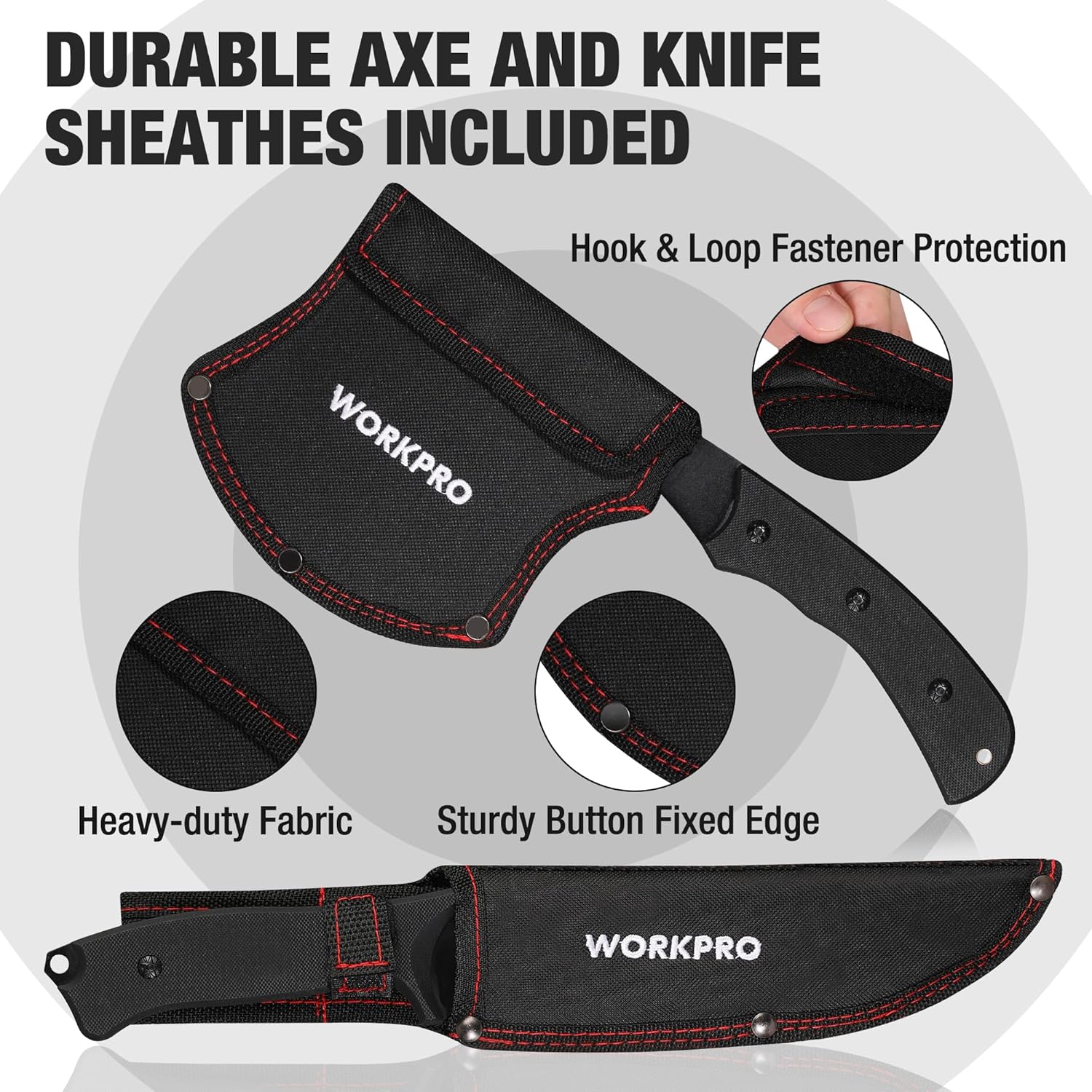 Tactical knife and axe combo with two black fabric sheaths, red-trim stitching