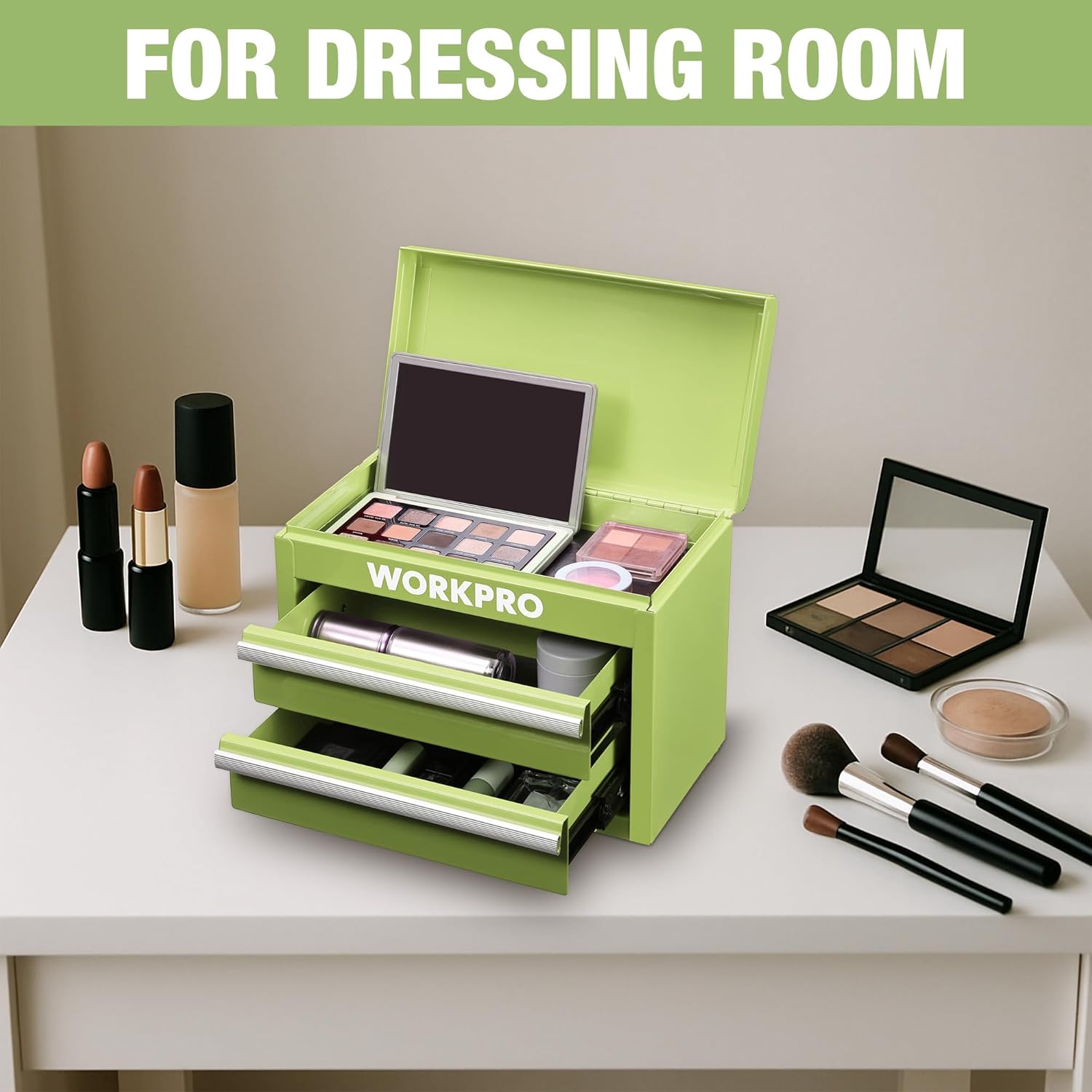 Macaron green WORKPRO mini toolbox open with two drawers, holding small makeup accessories