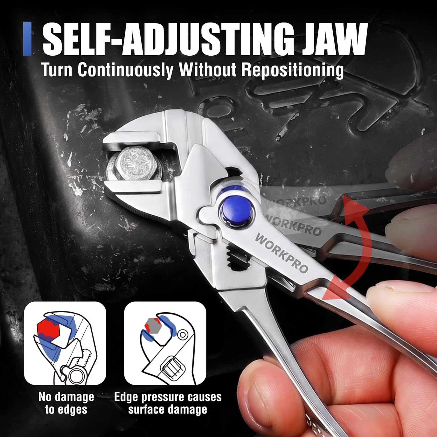 Self-adjusting mini groove joint plier with blue pivot and silver gripping jaws