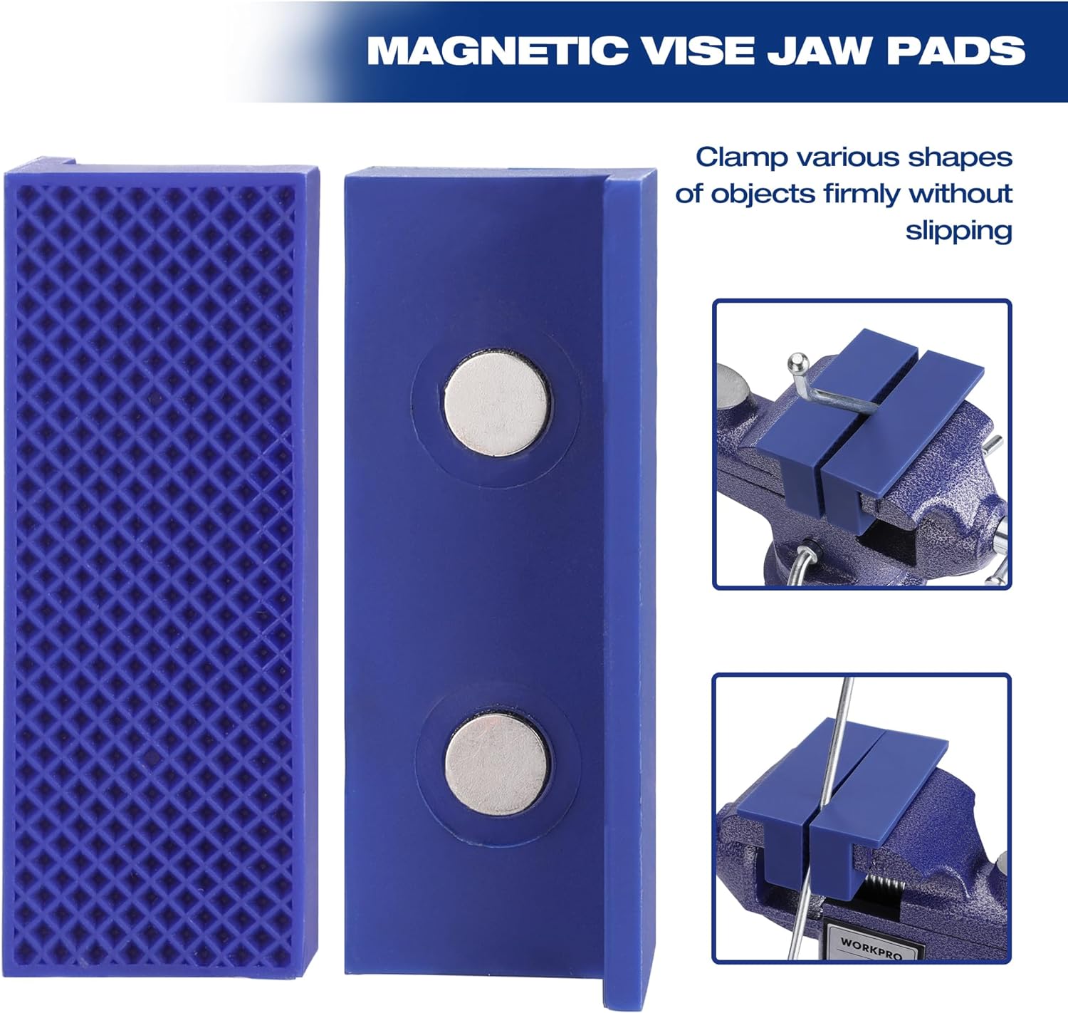 WORKPRO magnetic vise jaw pads, textured blue inserts with round hole grips