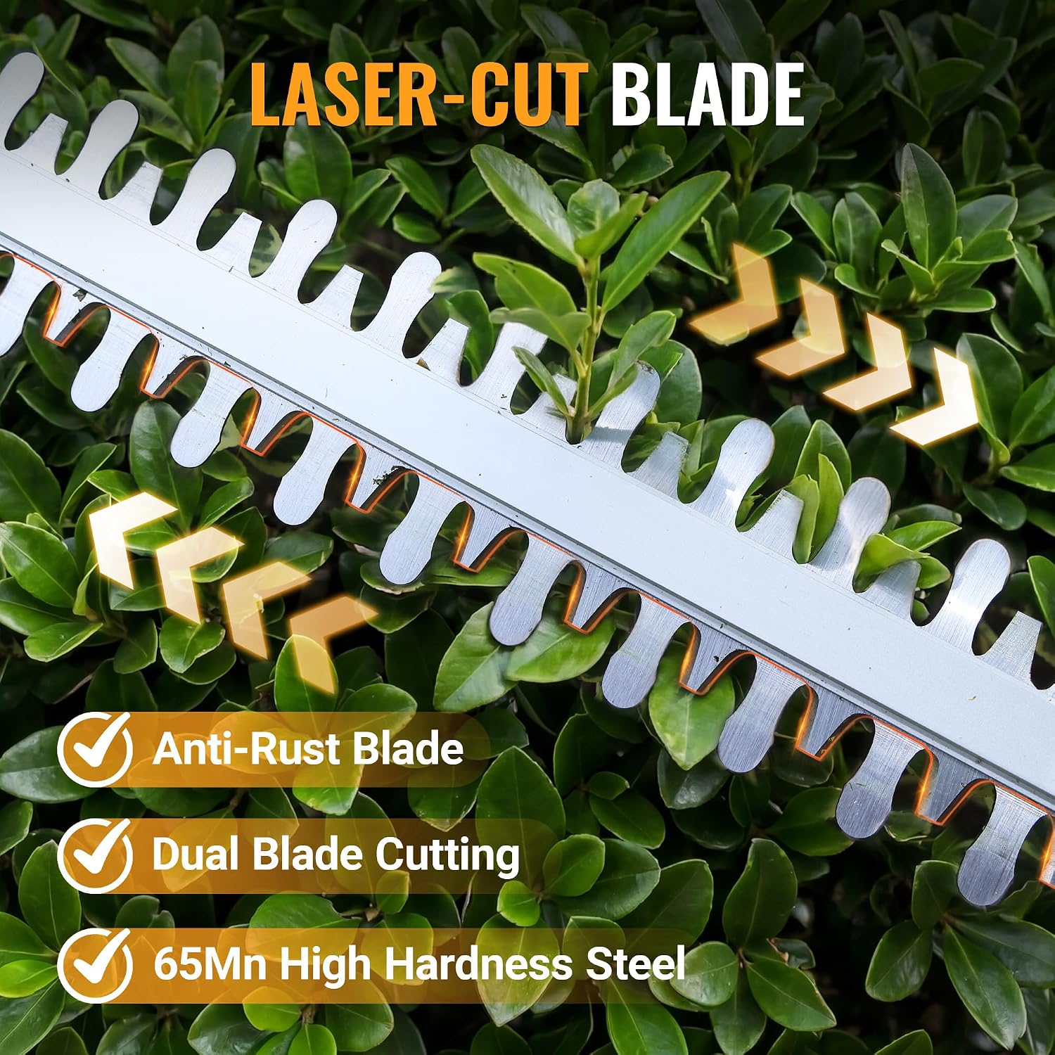 Dual-action hedge trimmer blades with anti-rust coating on the steel blade bar