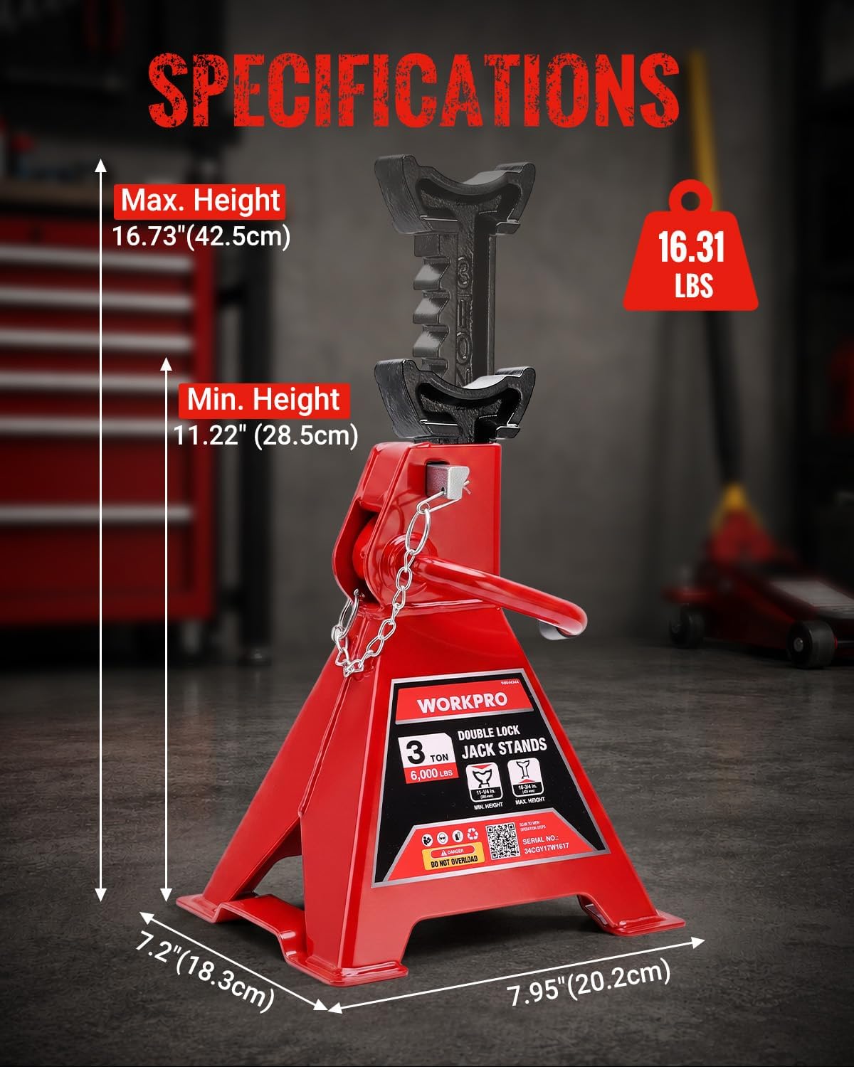 WORKPRO 3 Ton Jack Stands with Double Lock, 6000 LBS Capacity, 1 Pair
