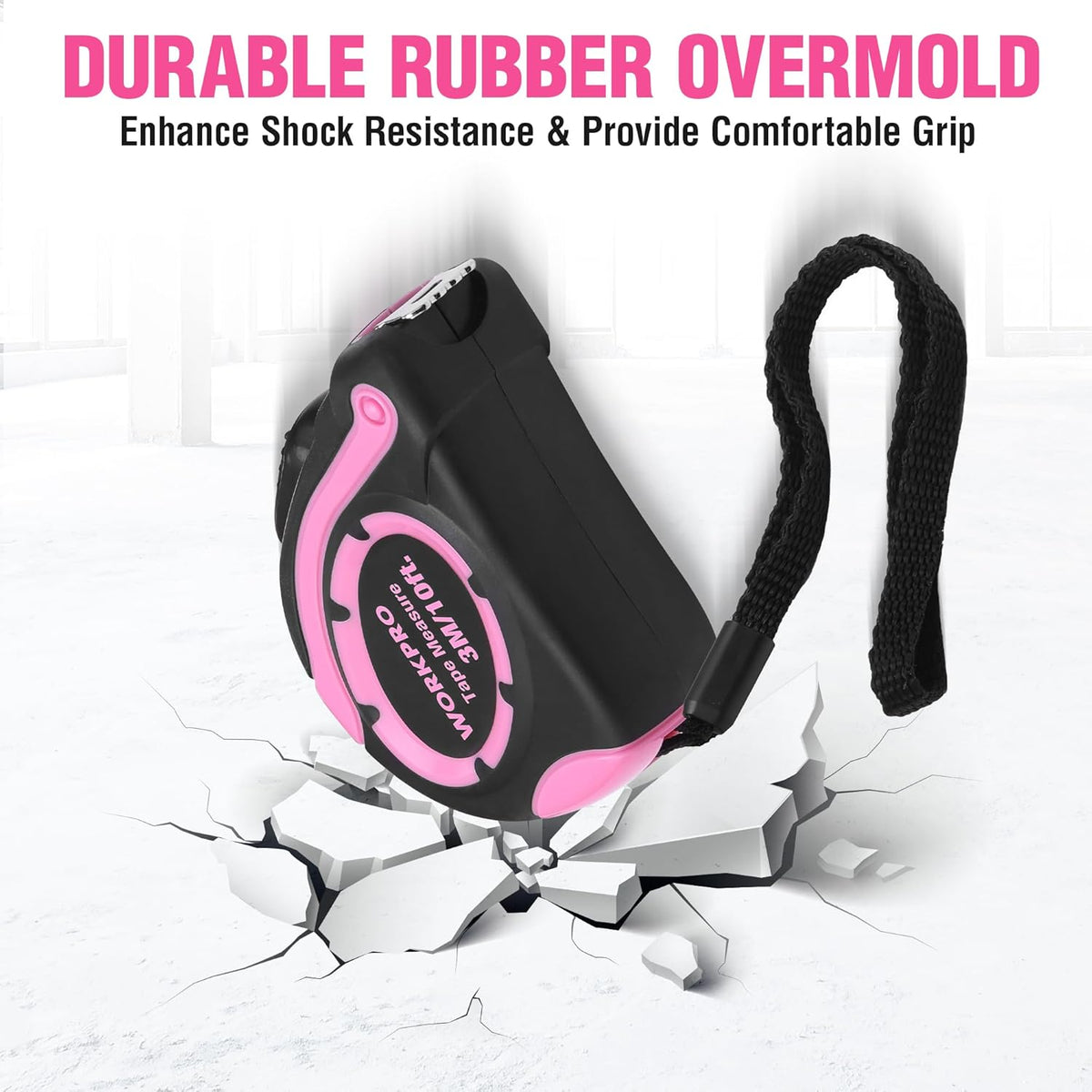 Pink-and-black WORKPRO tape measure with durable rubber overmold housing