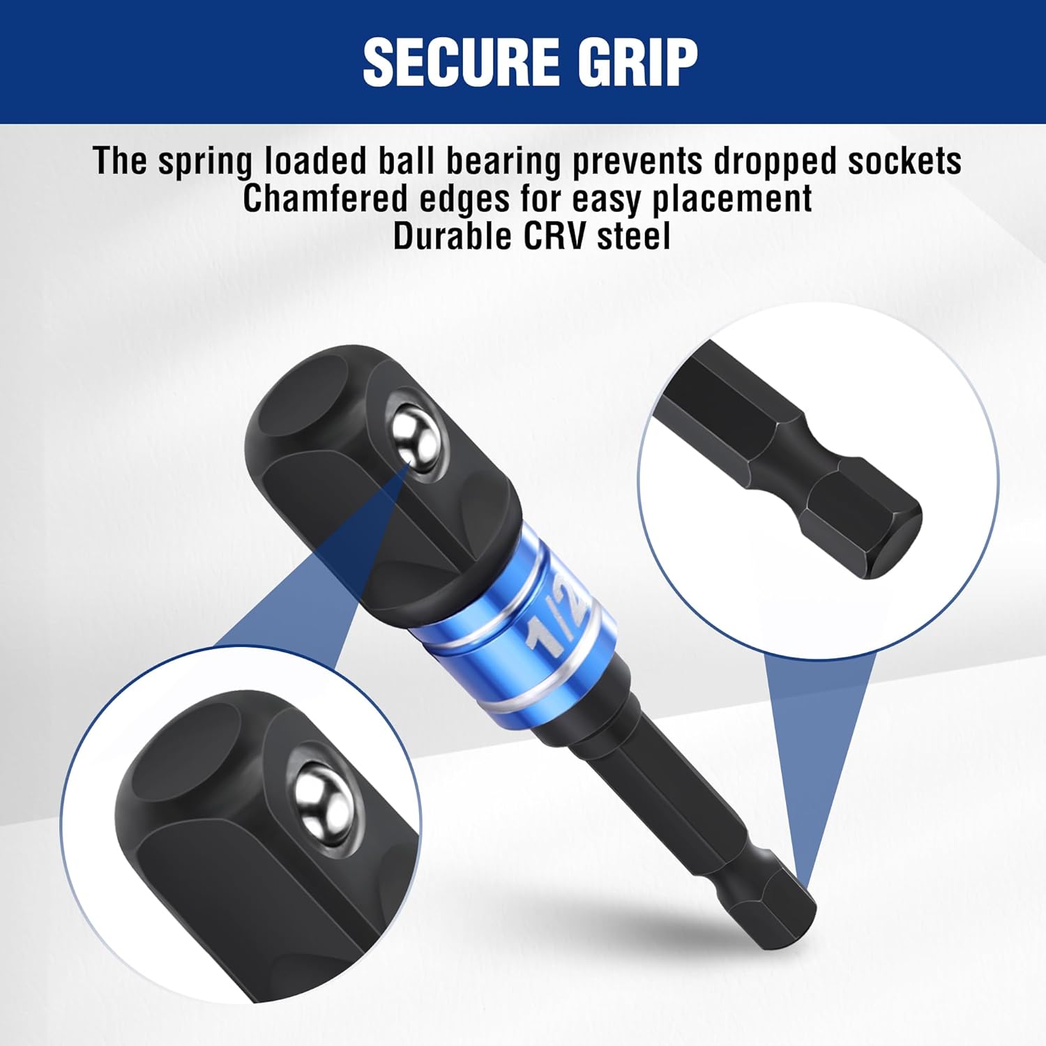 WORKPRO CRV steel socket adapters with spring-loaded ball grip for secure socket holding