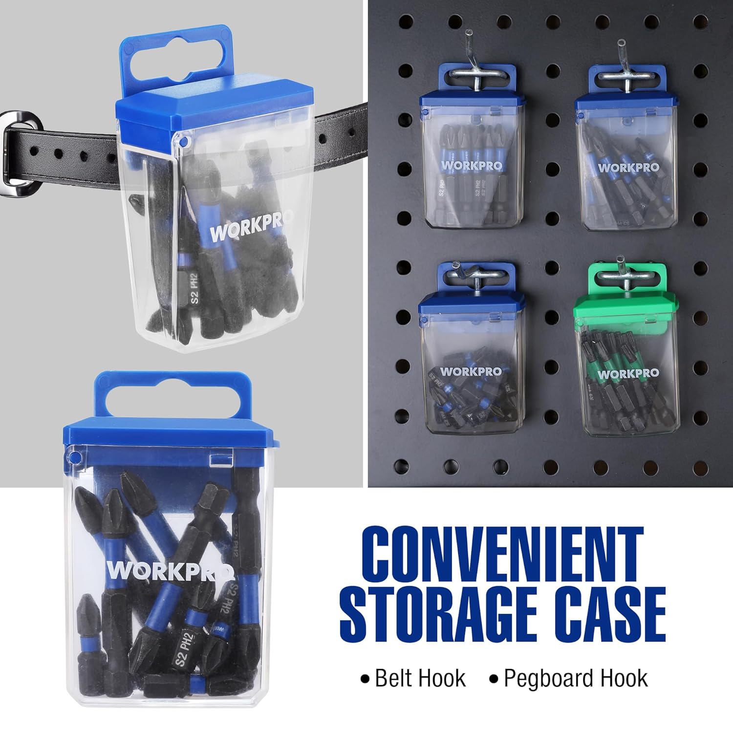 WORKPRO PH2 impact bit storage case with belt hook and pegboard hook, holds bits