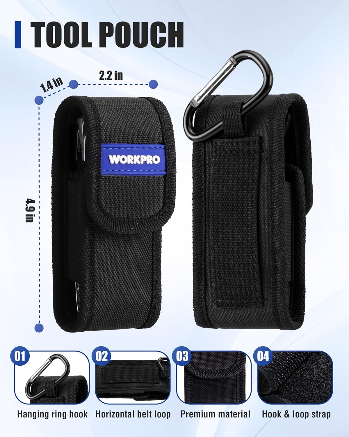 Black nylon tool pouch with hanging ring and hook-and-loop strap for mini pliers