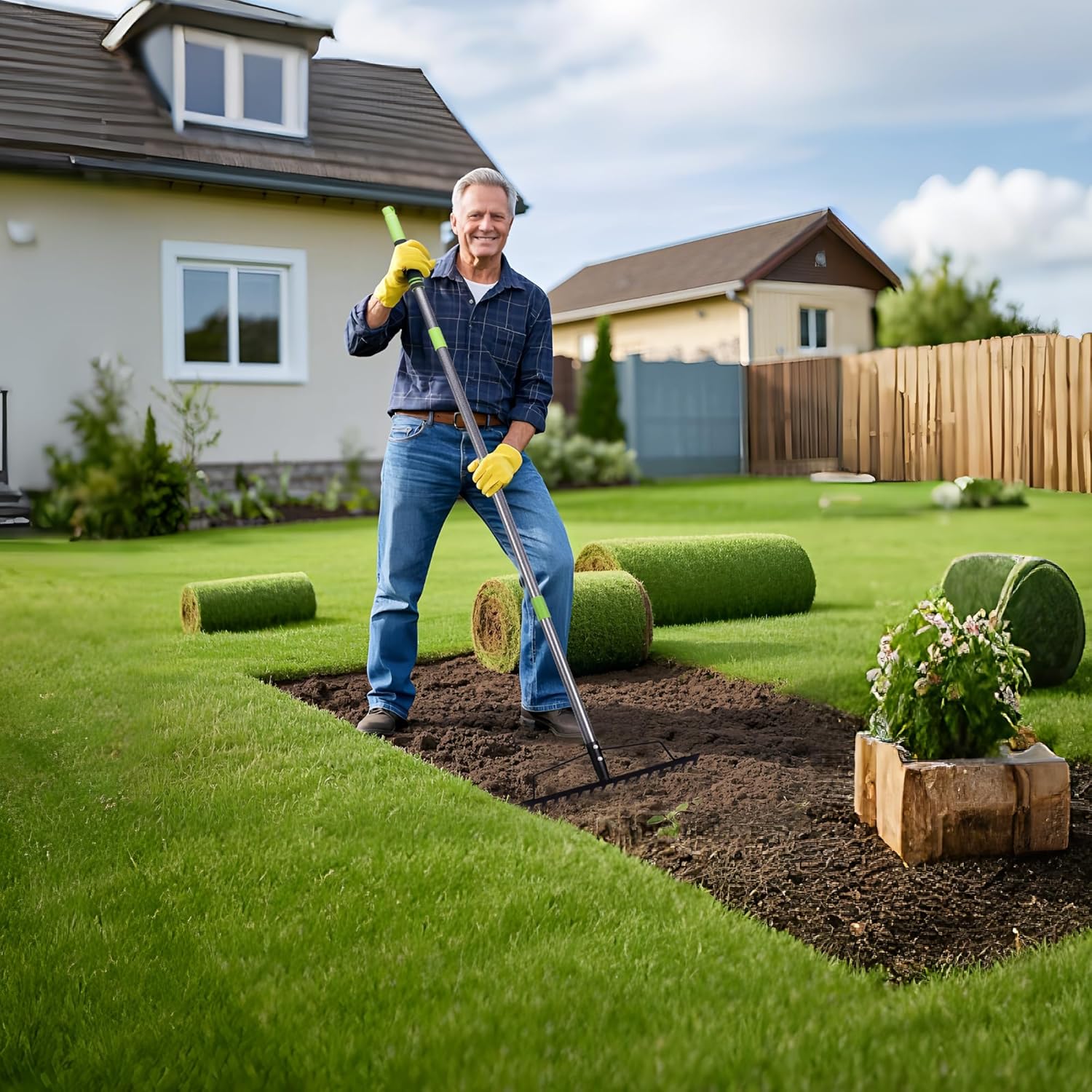 Bow rake spreading soil in a lawn bed with green-and-gray handle