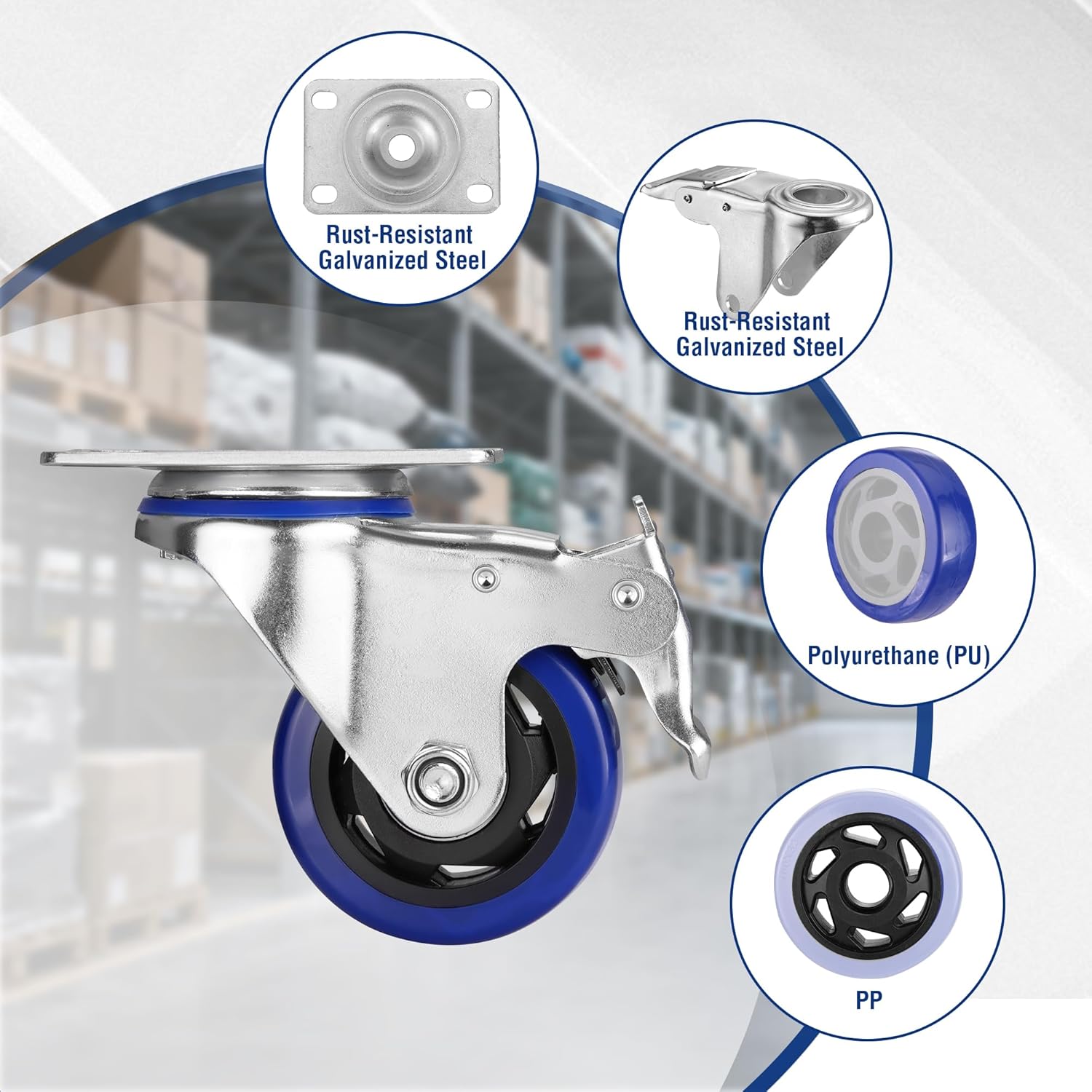 Silver swivel caster with blue polyurethane wheel and black center, rust-resistant frame details