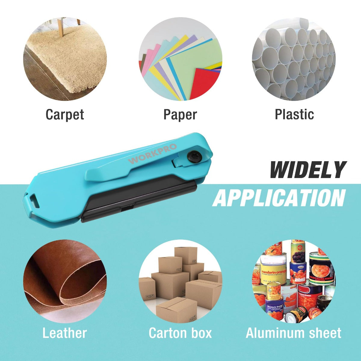 WORKPRO folding utility knife, teal blue handle with black blade, compact folded form
