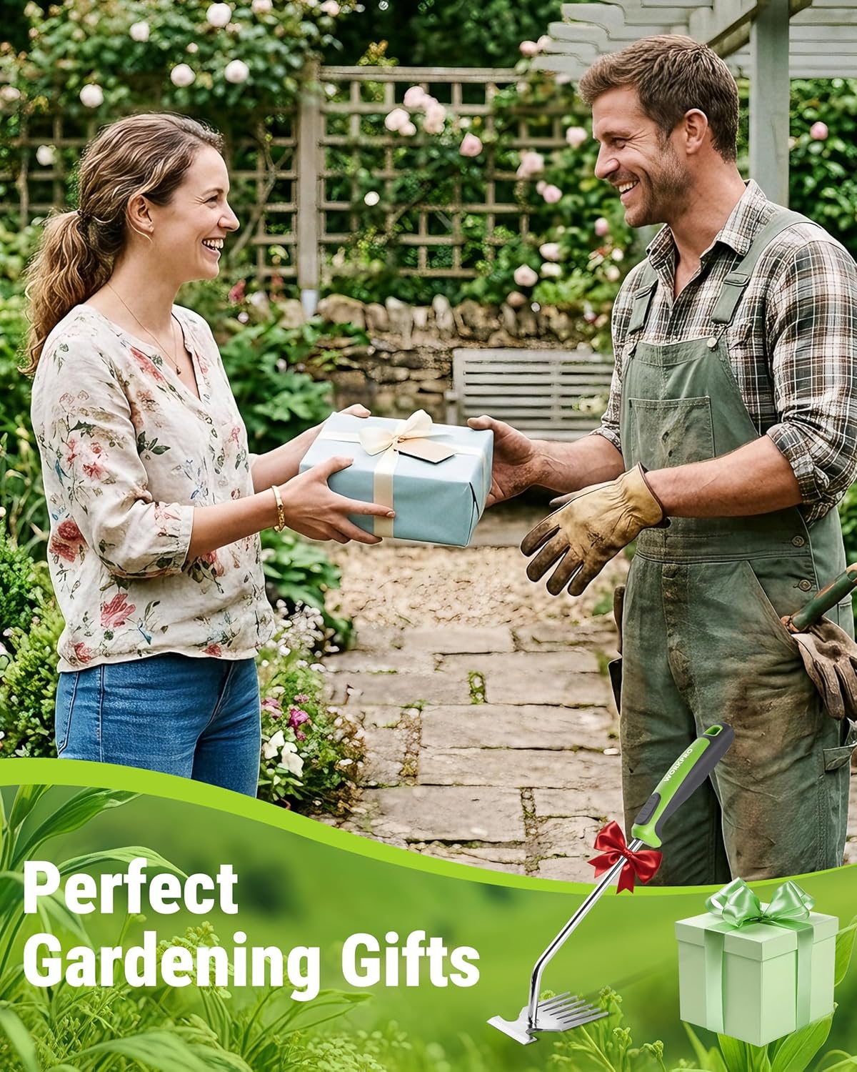 WORKPRO weed puller with green soft grip handle, shown as a gardening gift item.