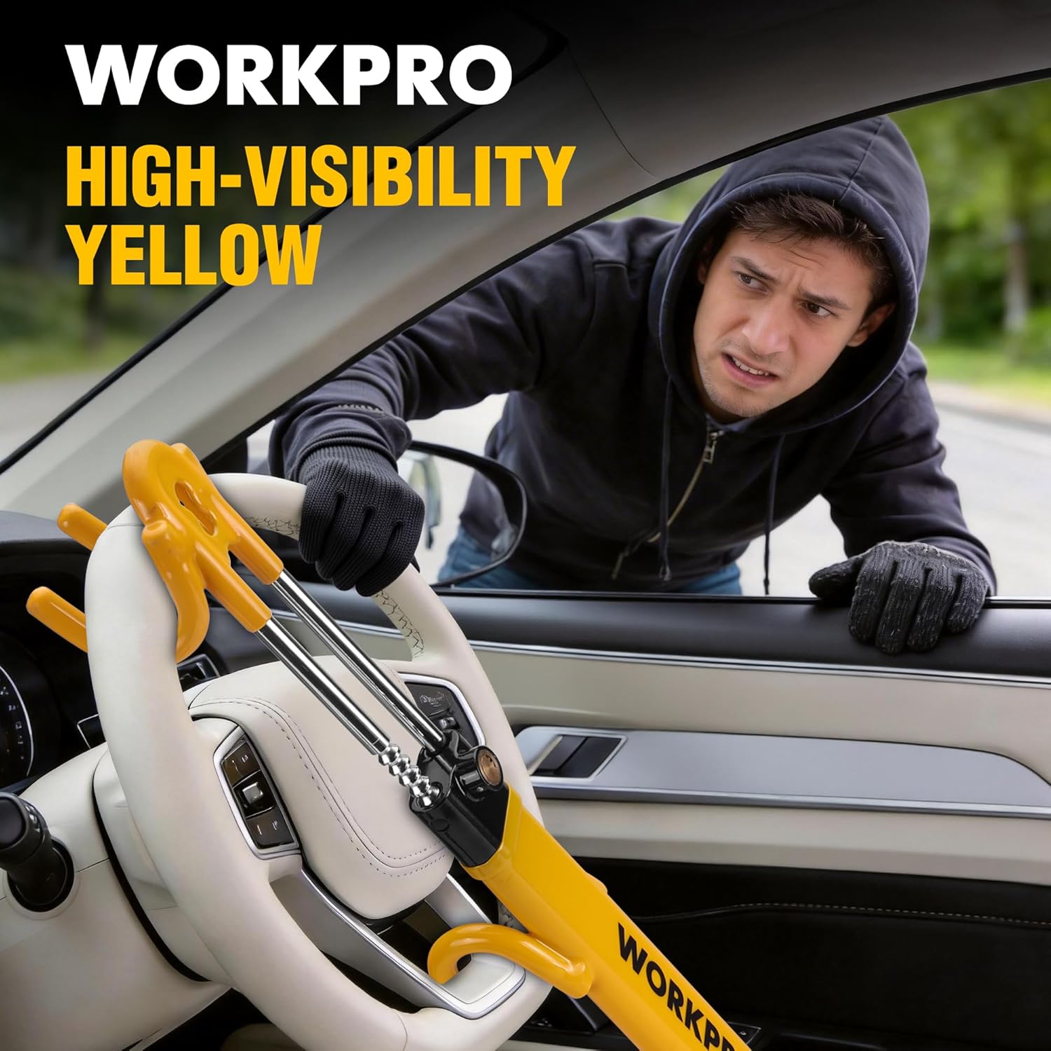 Yellow steering wheel lock with steel bar and double hooks in car