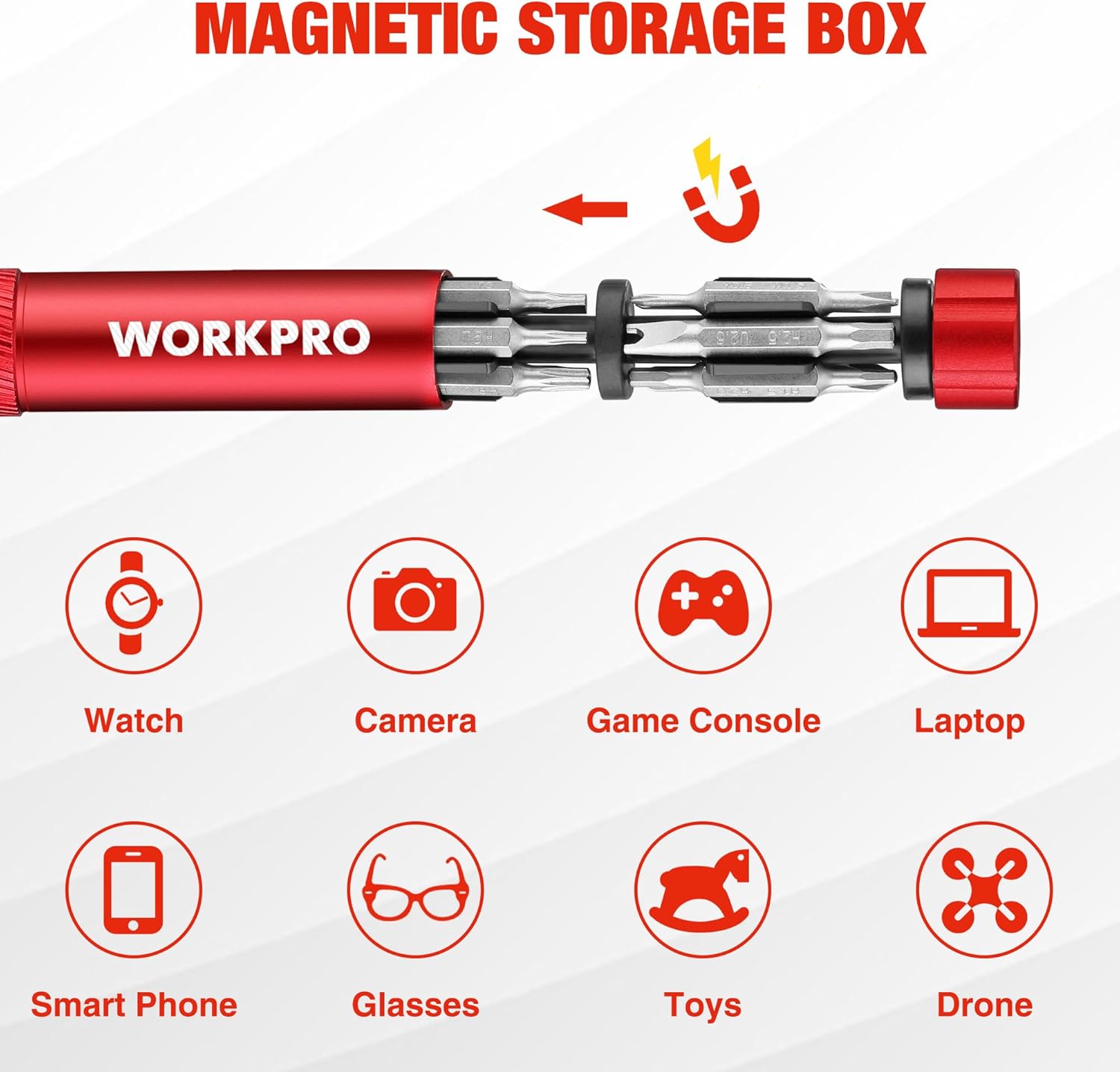 WORKPRO red magnetic mini screwdriver with interchangeable bit holder and driver tip