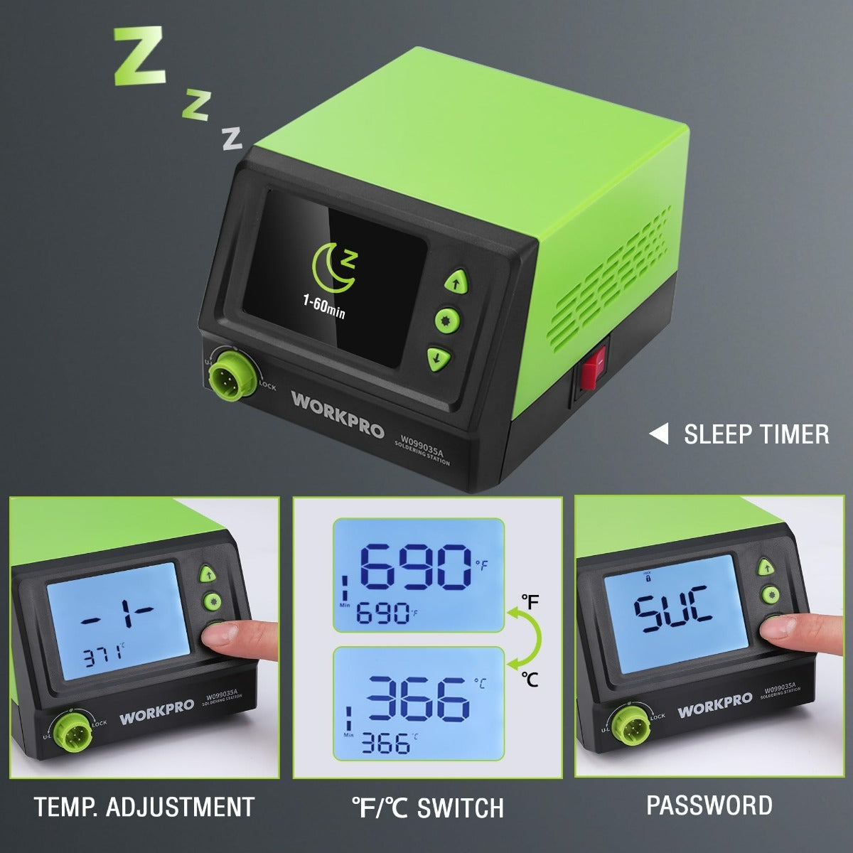 Digital soldering station with green top, black control panel, and temperature screen