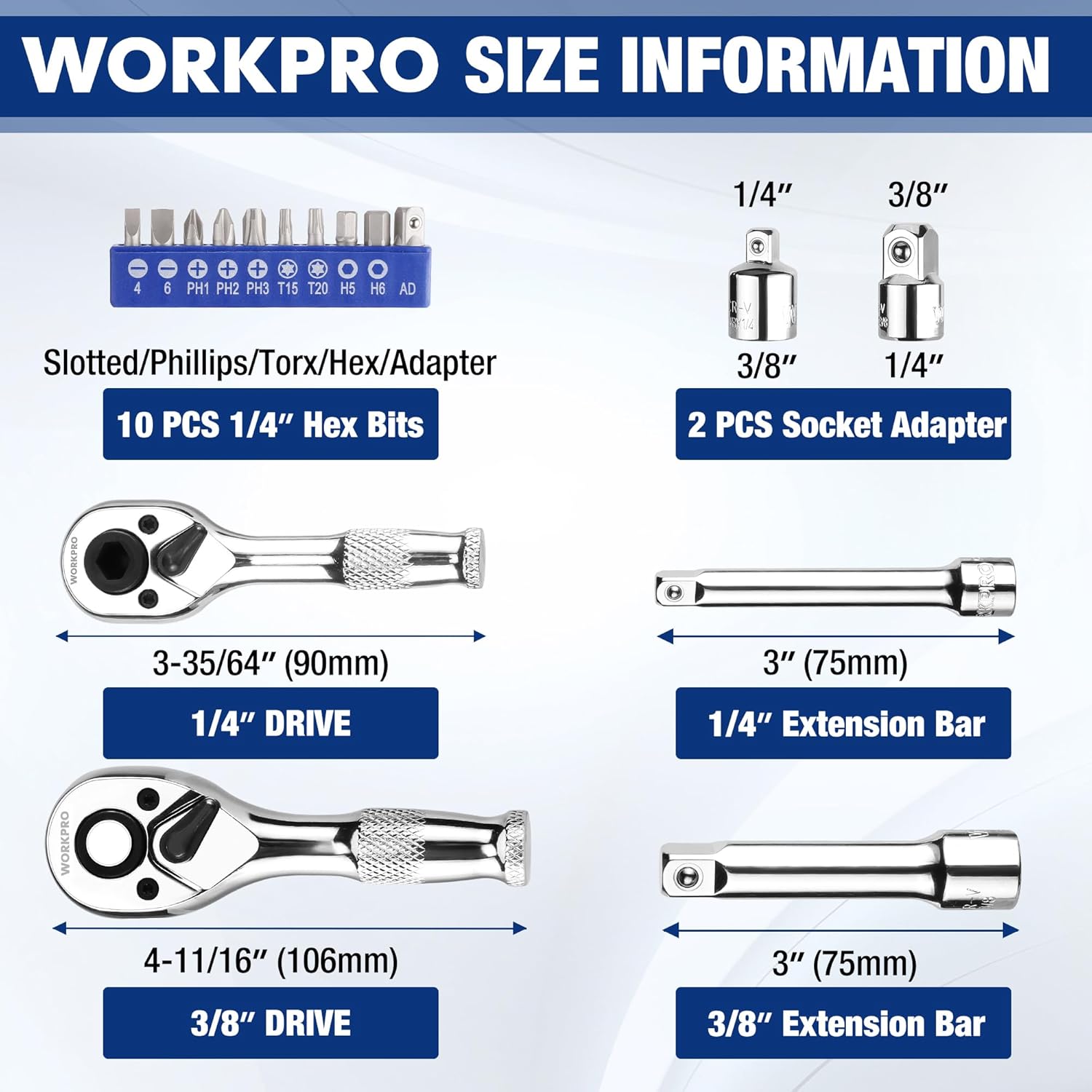 16-piece ratchet and bit driver set with 1/4 hex bits, socket adapters, and extension bars
