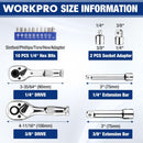 WORKPRO Stubby Ratchet & Bit Driver Set 16 PCS, 1/4", 3/8" Drive Ratchet Handle Wrench, 72-T Quick-Release Reversible Socket Wrench, 2 Socket Adapters, 2 Extension Bars, 10 PCS 1/4" Hex Bits