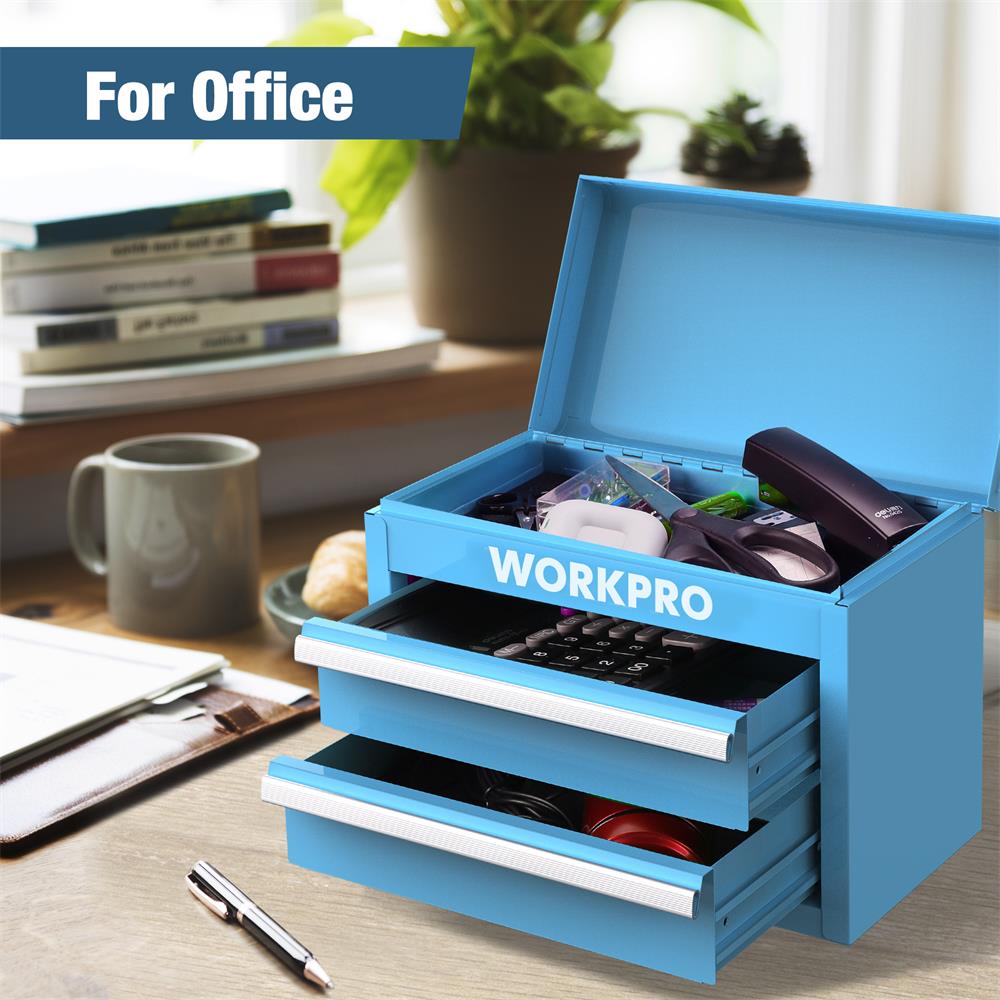 Blue mini tool box with two drawers and open top storage holding small tools