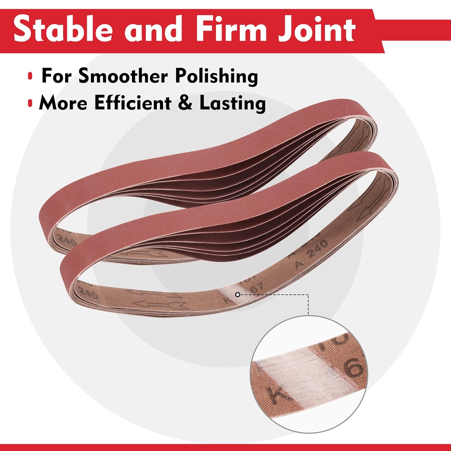 Maroon sanding belts with overlapping layers for stable, smooth belt sanding
