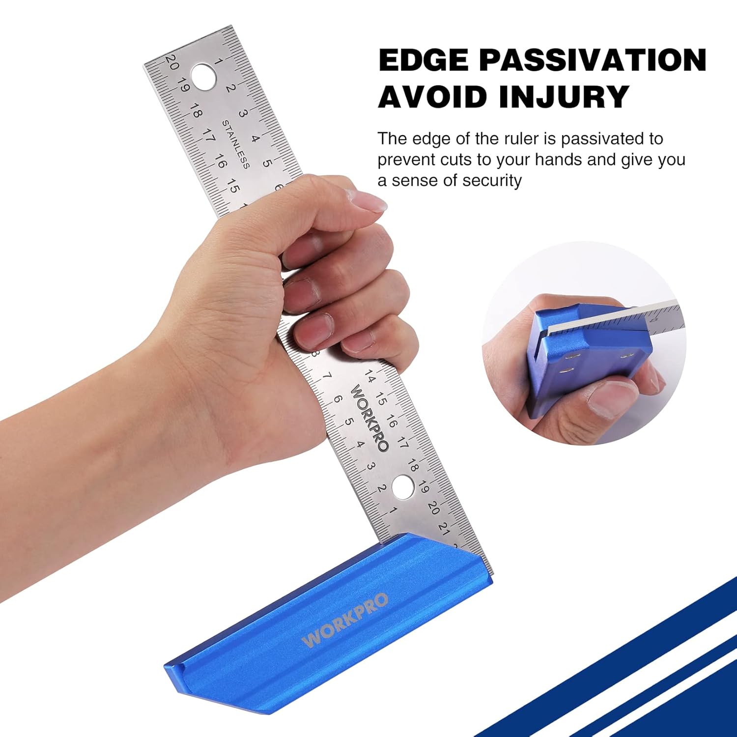 Hand using a blue try square along an edge; silver blade with measuring graduations