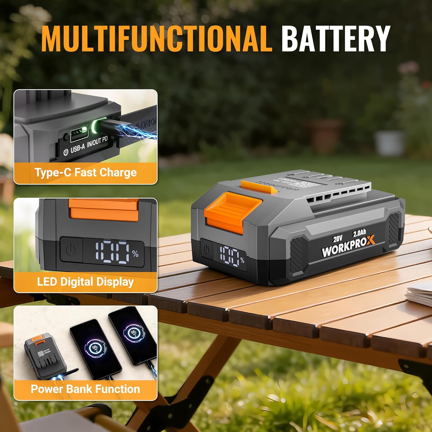 Cordless hedge trimmer battery pack with LED digital display and Type-C fast charging