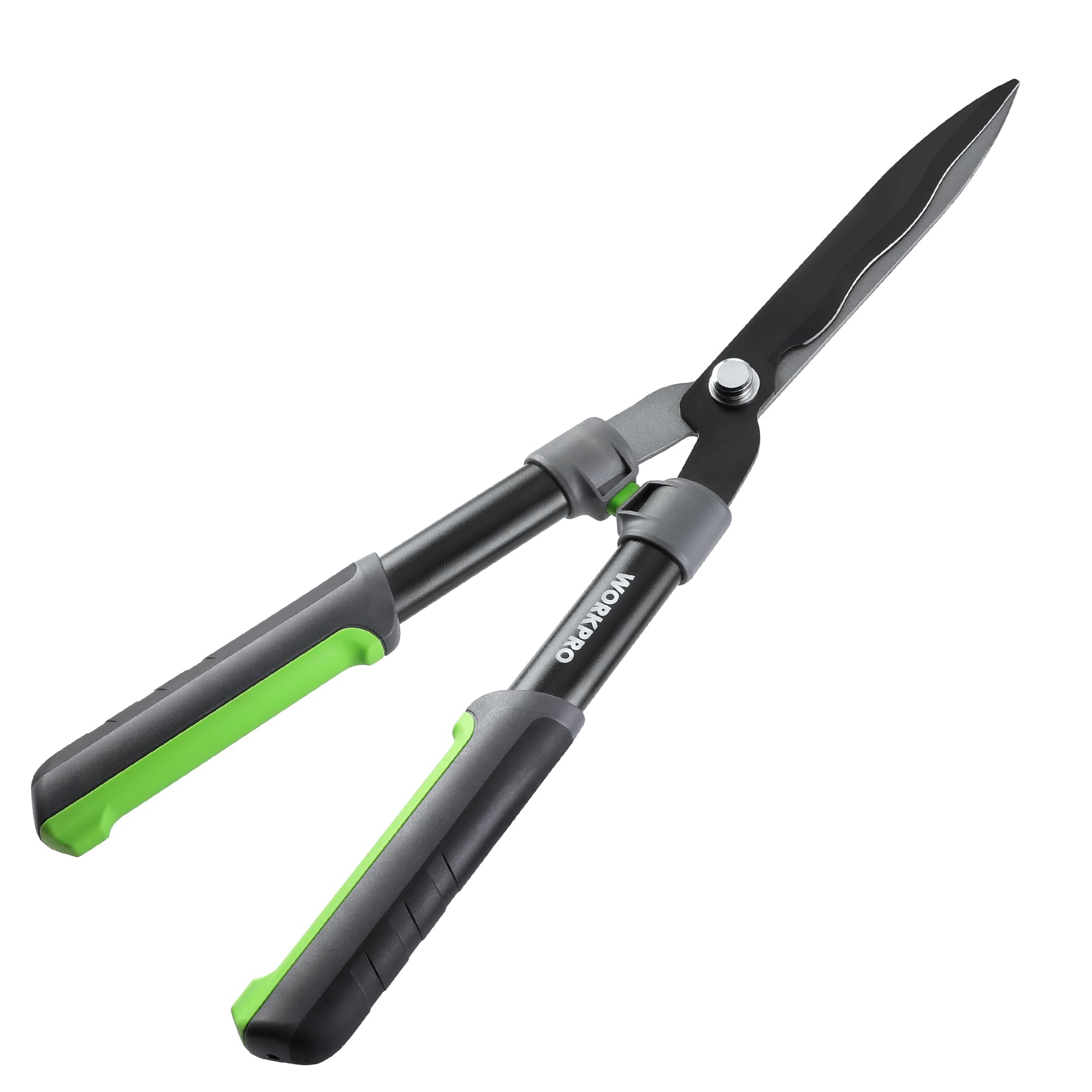 Manual hedge trimmer with wavy steel blade, black handle with green comfort grips