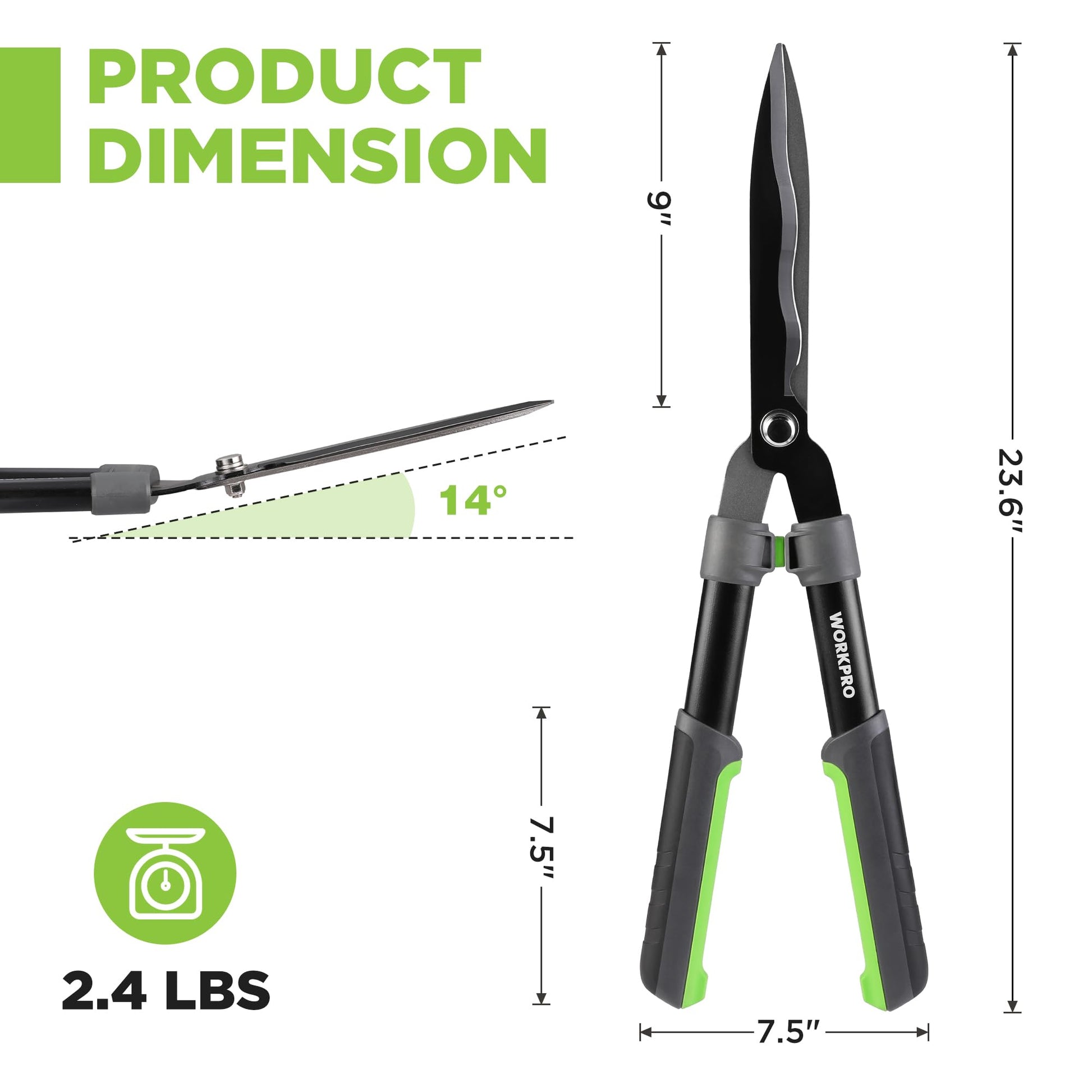 Hedge trimmer with long black handles and green accents, wavy blade