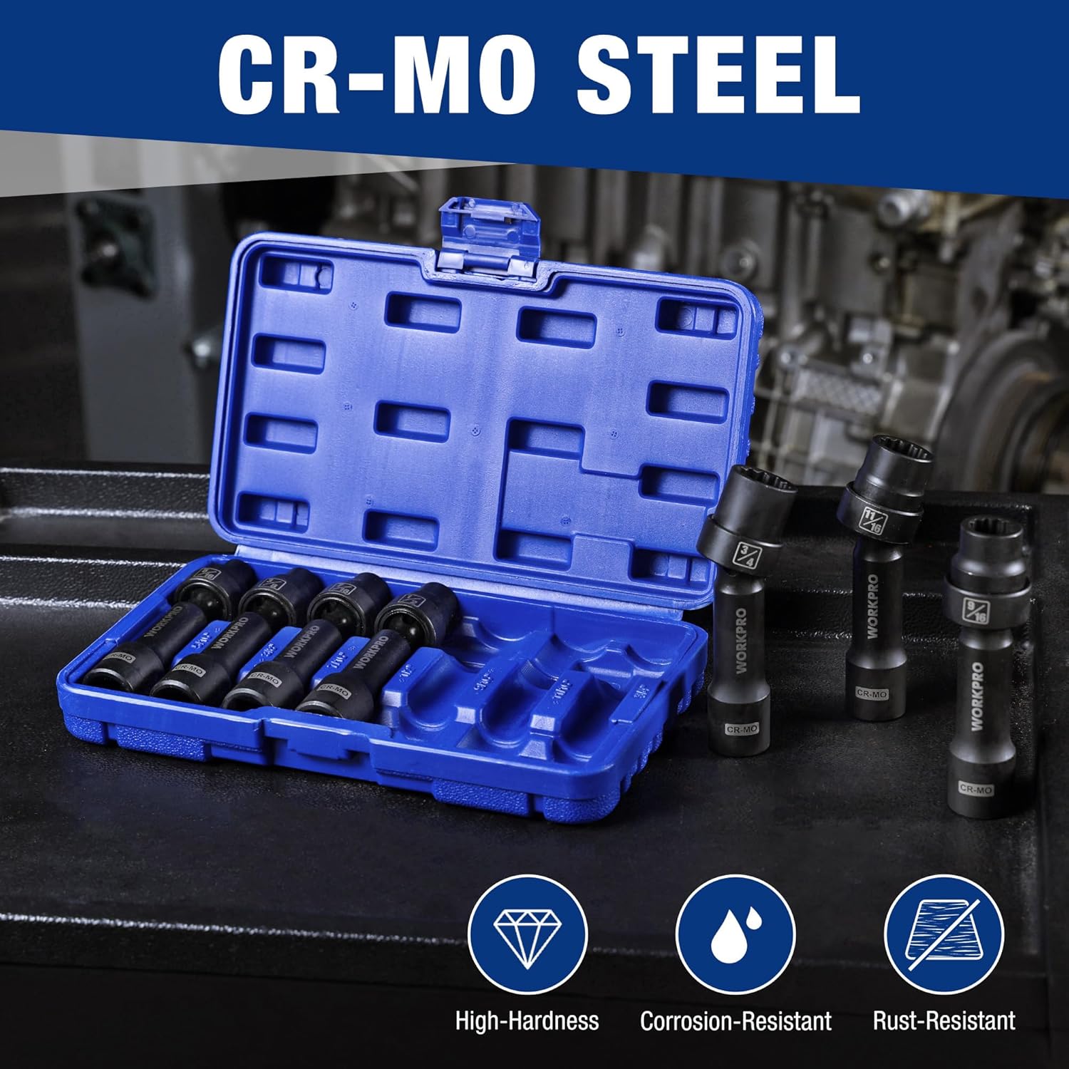 CR-MO steel driveline socket set with blue storage case and black sockets