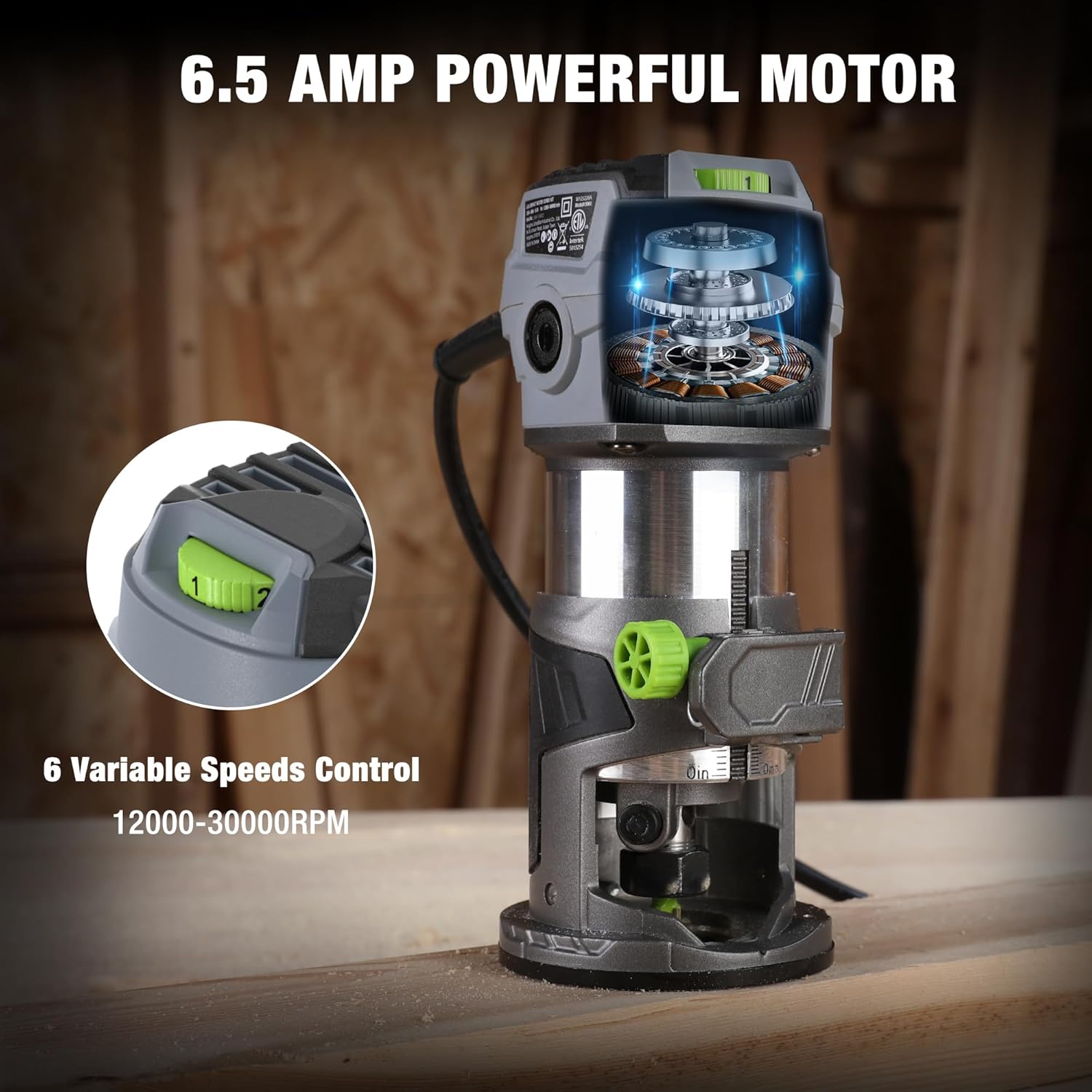 Compact router tool on base with green speed control, spinning motor and bit