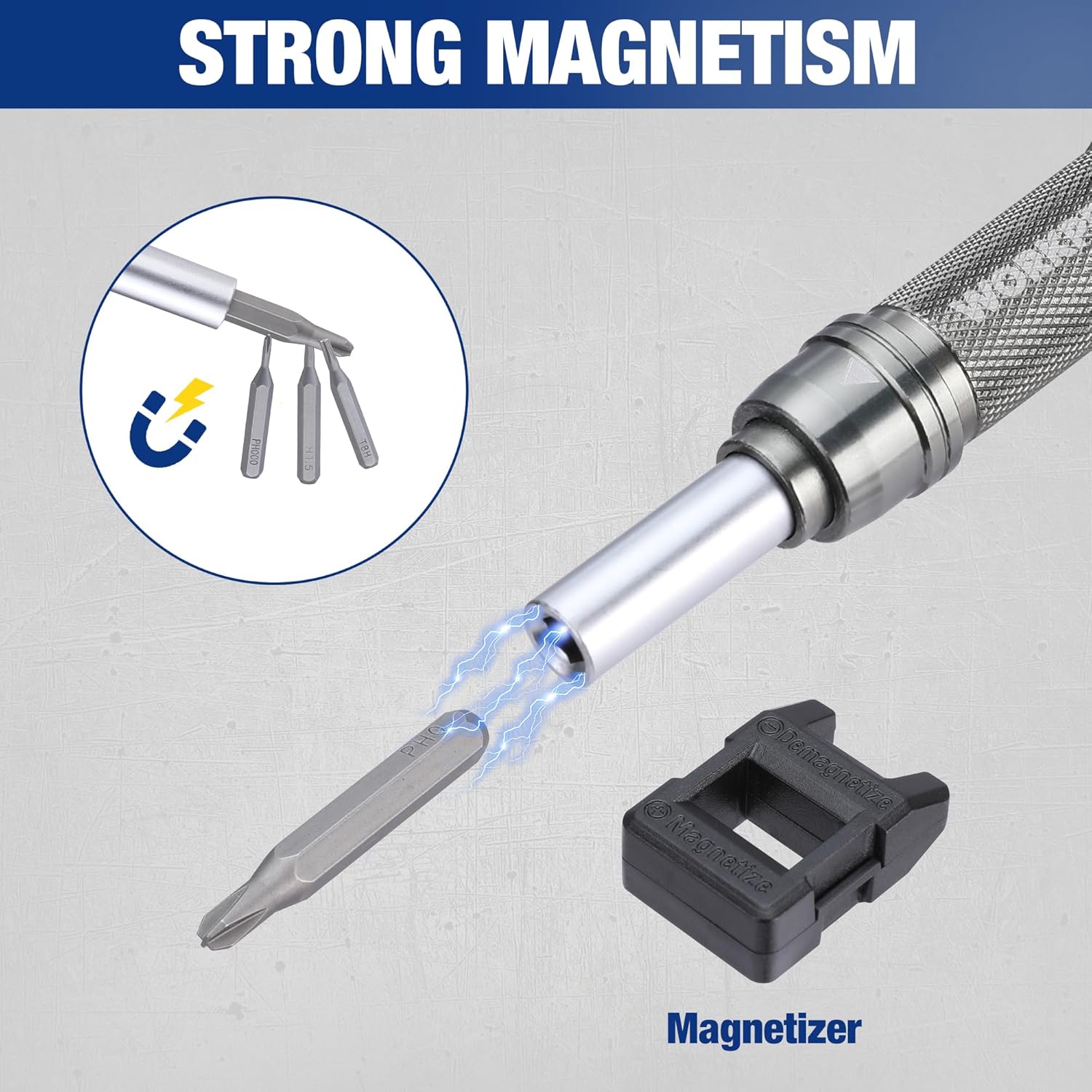 Extendable screwdriver with magnetizer tip, knurled metal grip, and blue accent ring