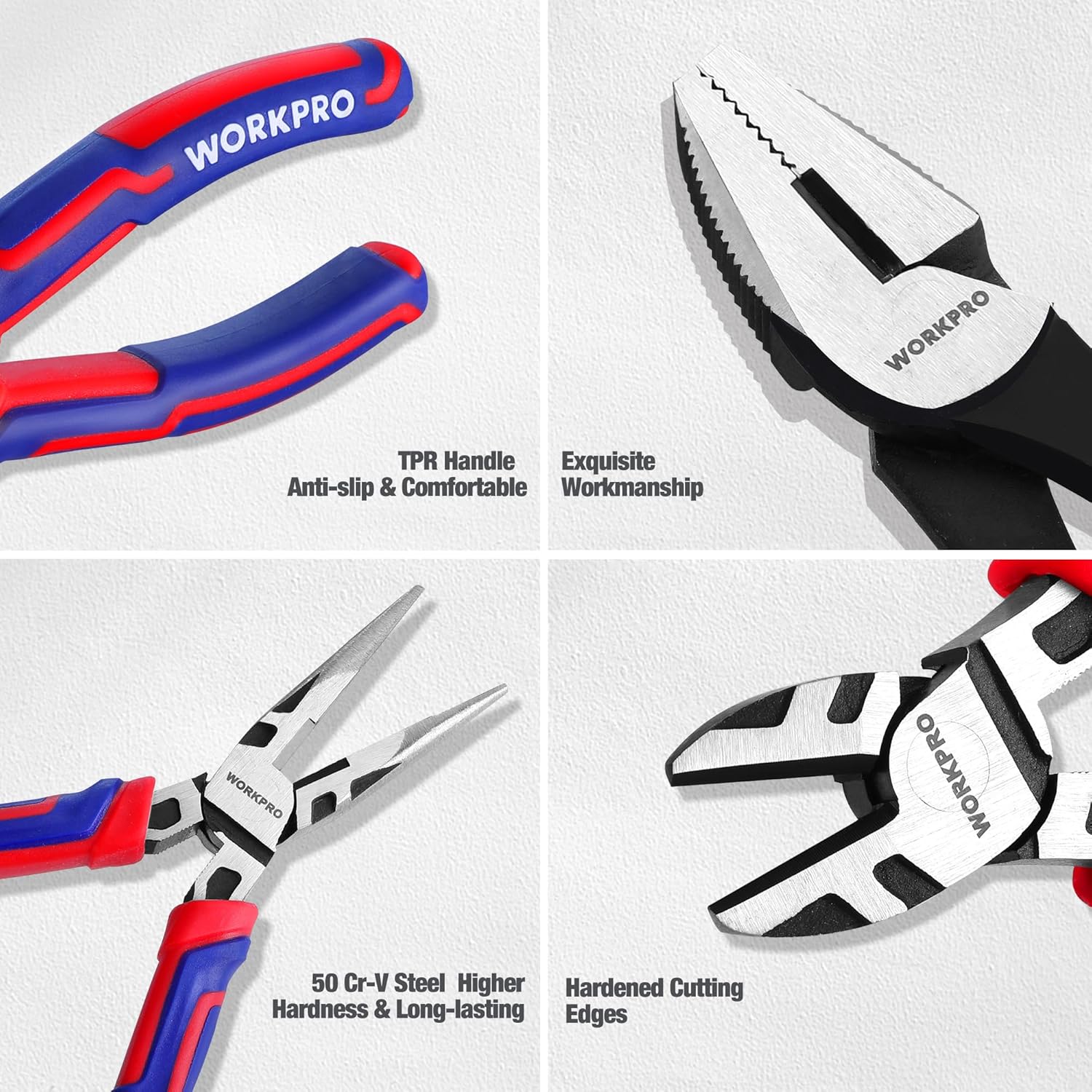 WORKPRO pliers with red-and-blue TPR handles, close-up with cutting and gripping jaws