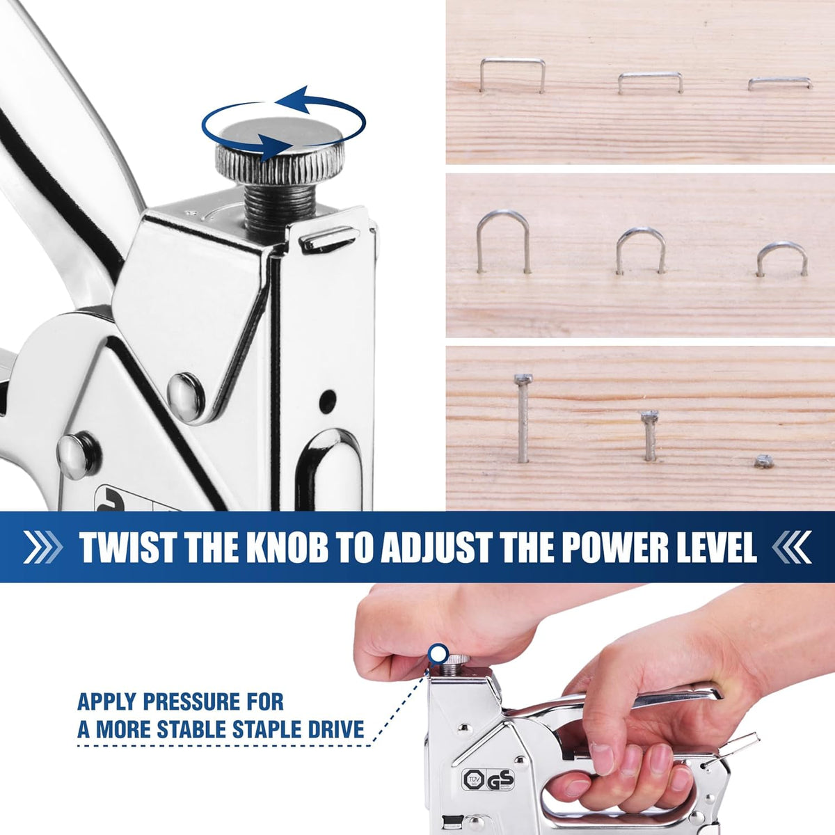 Manual staple gun with twist knob for power adjustment and hands loading a staple