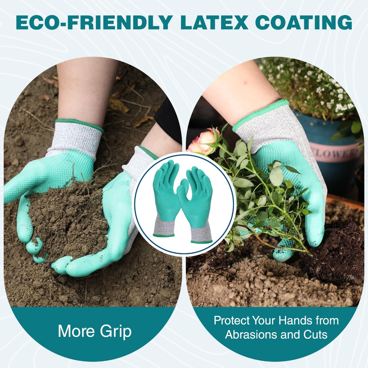 Turquoise gardening gloves with dotted grip texture over grey knit cuffs