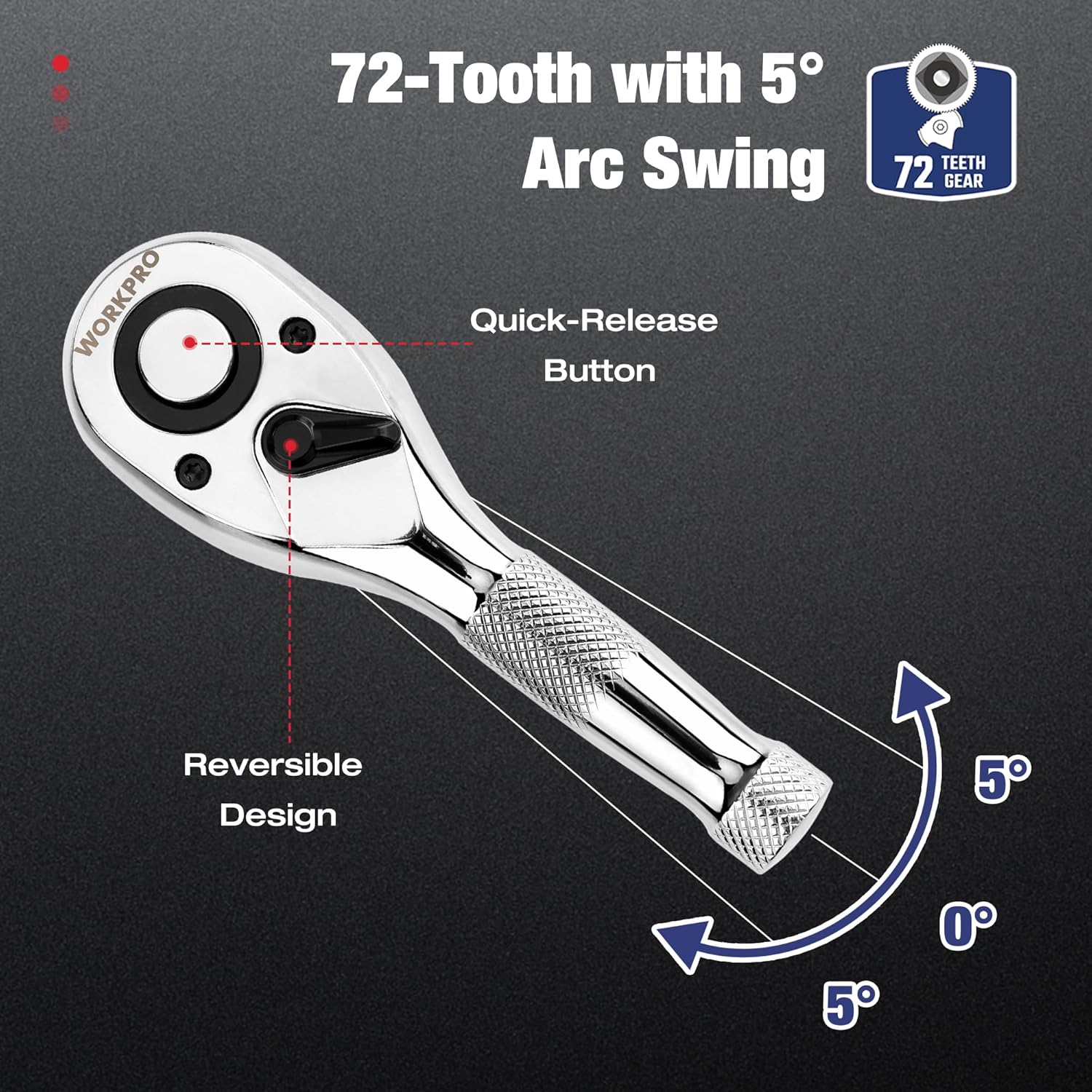 Stubby ratchet with reversible design and 72-tooth CR-MO head, quick-release button