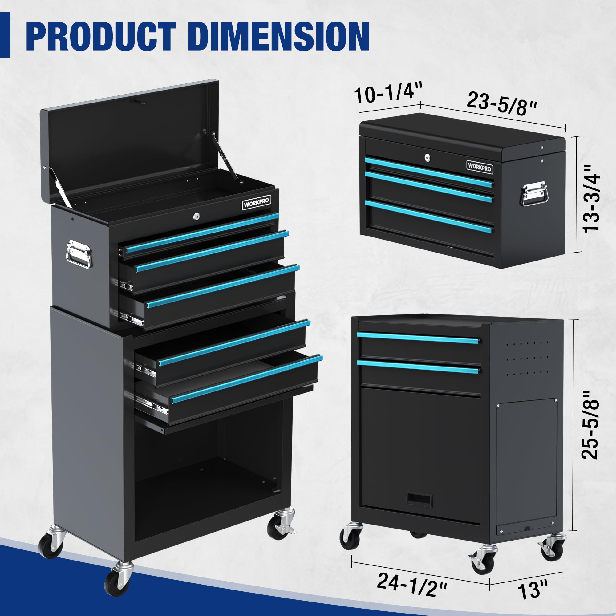 Black rolling tool cabinet with blue drawer rails and corner casters, shown from multiple angles