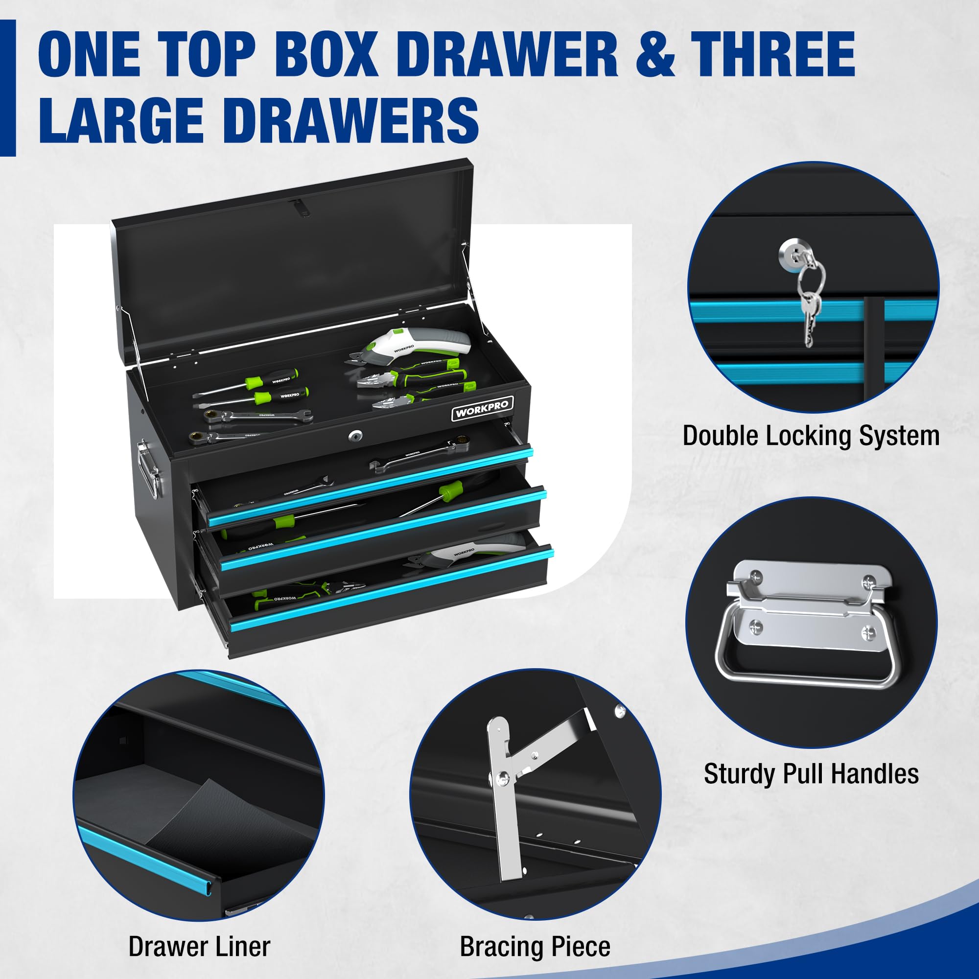 Black tool chest with open top box and three large drawers, blue trim, tools inside