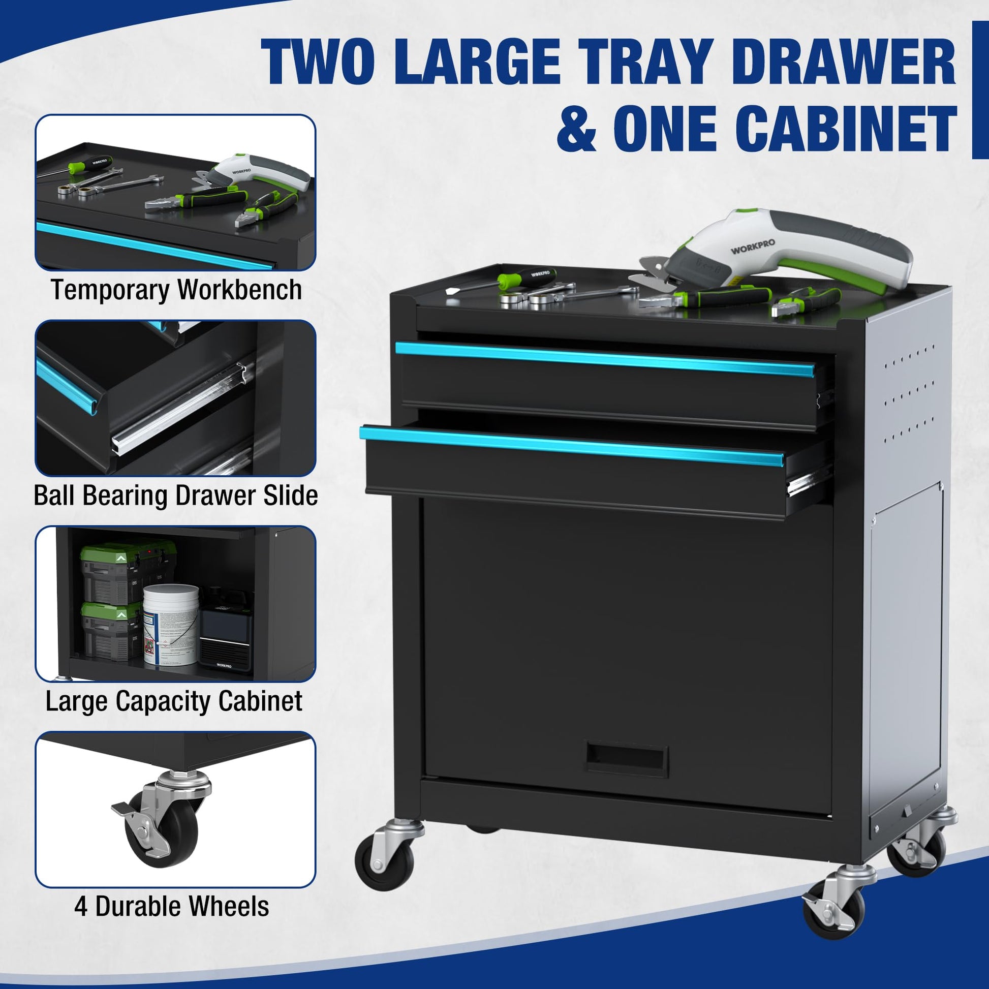 Black rolling tool chest with tray-style drawers, large cabinet door, and blue accent rails
