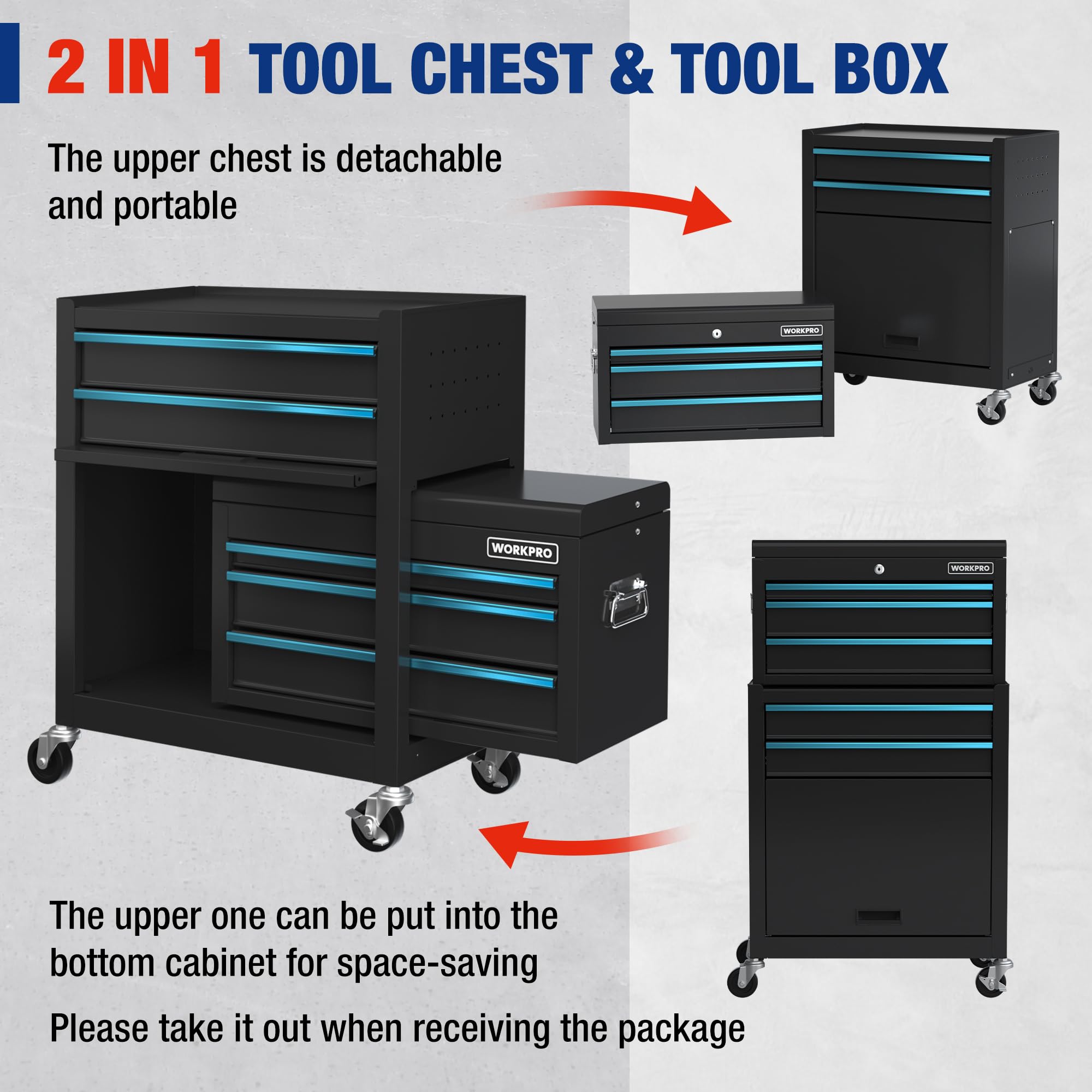 Black 2-in-1 tool chest with detachable upper unit, blue drawer rails, rolling wheels
