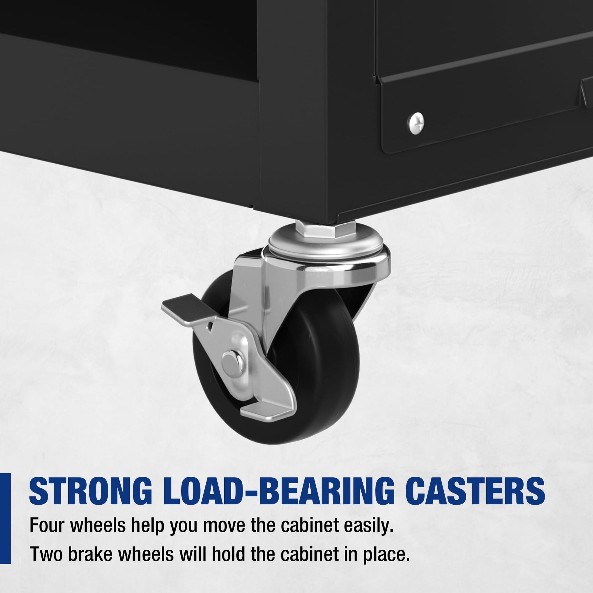 Caster wheel with brake on the underside of a black rolling tool chest