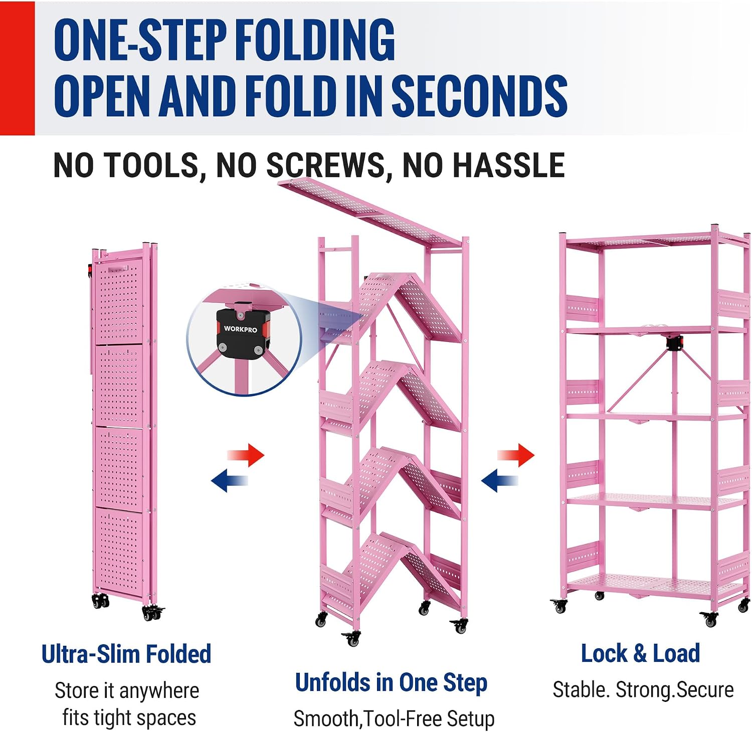 Pink collapsible 5-tier storage rack shown unfolding into a secure open frame on wheels