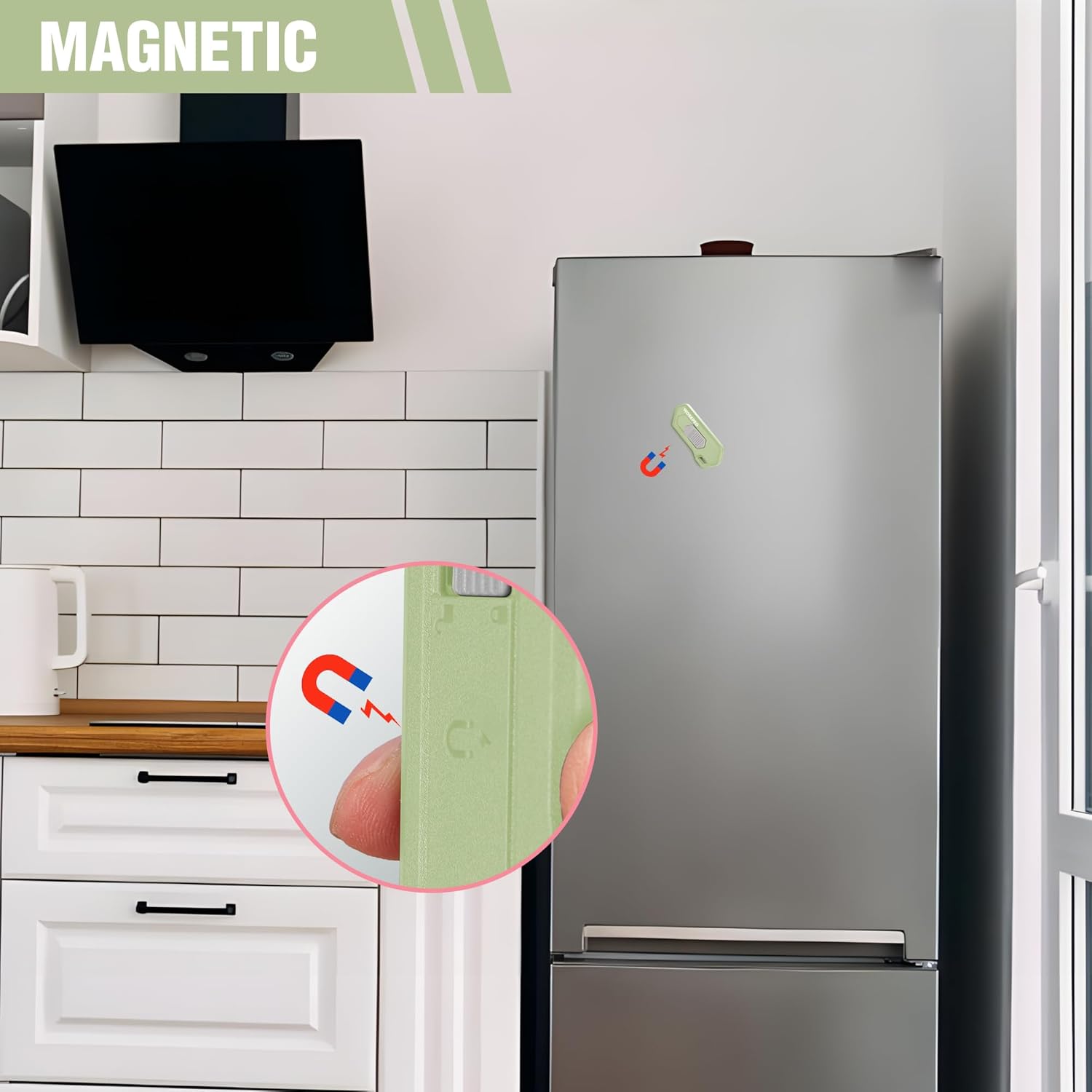 Green magnetic safety box cutter with blade guard attachment point