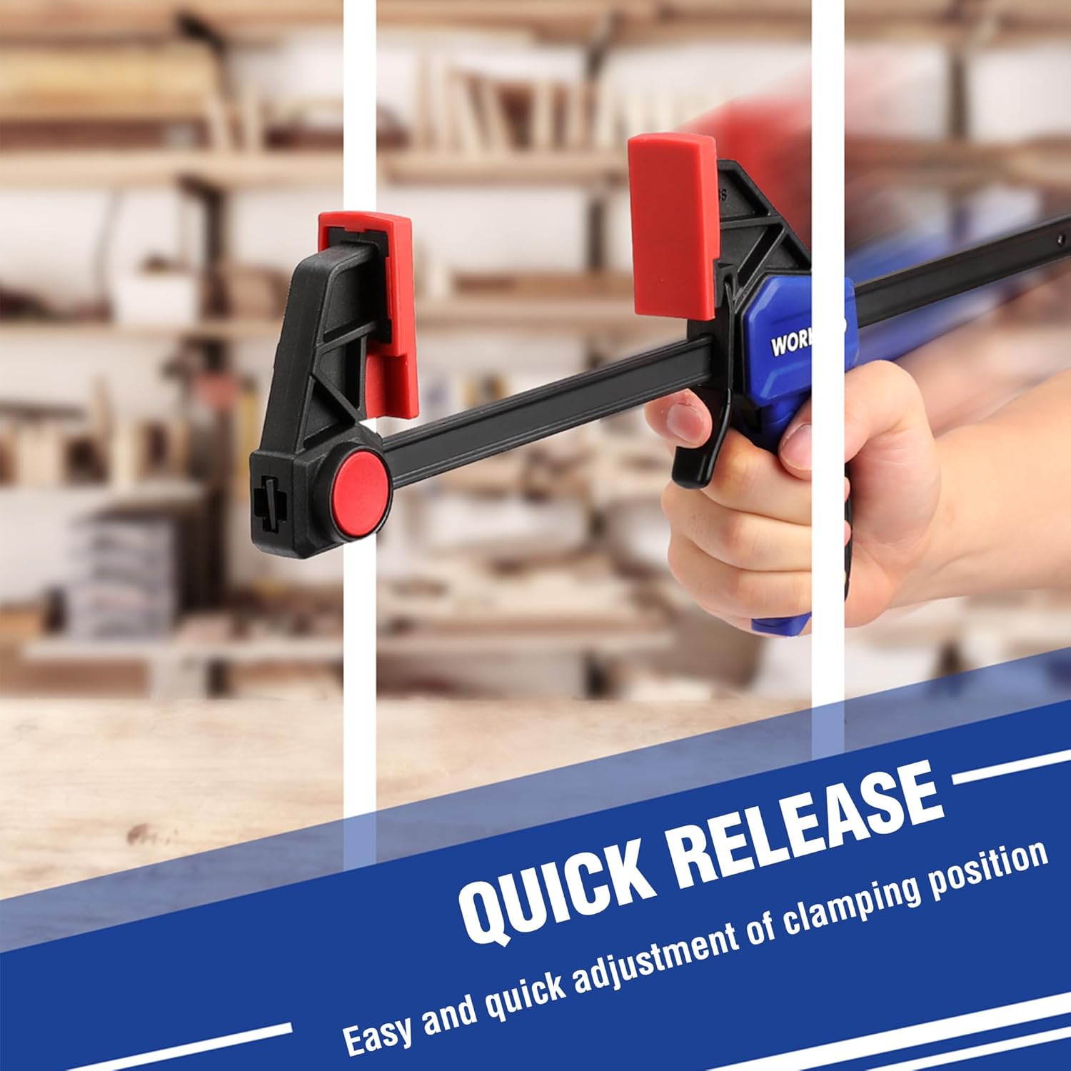 Hand-held bar clamp with red pads, black frame, and blue quick-release trigger for fast adjustment