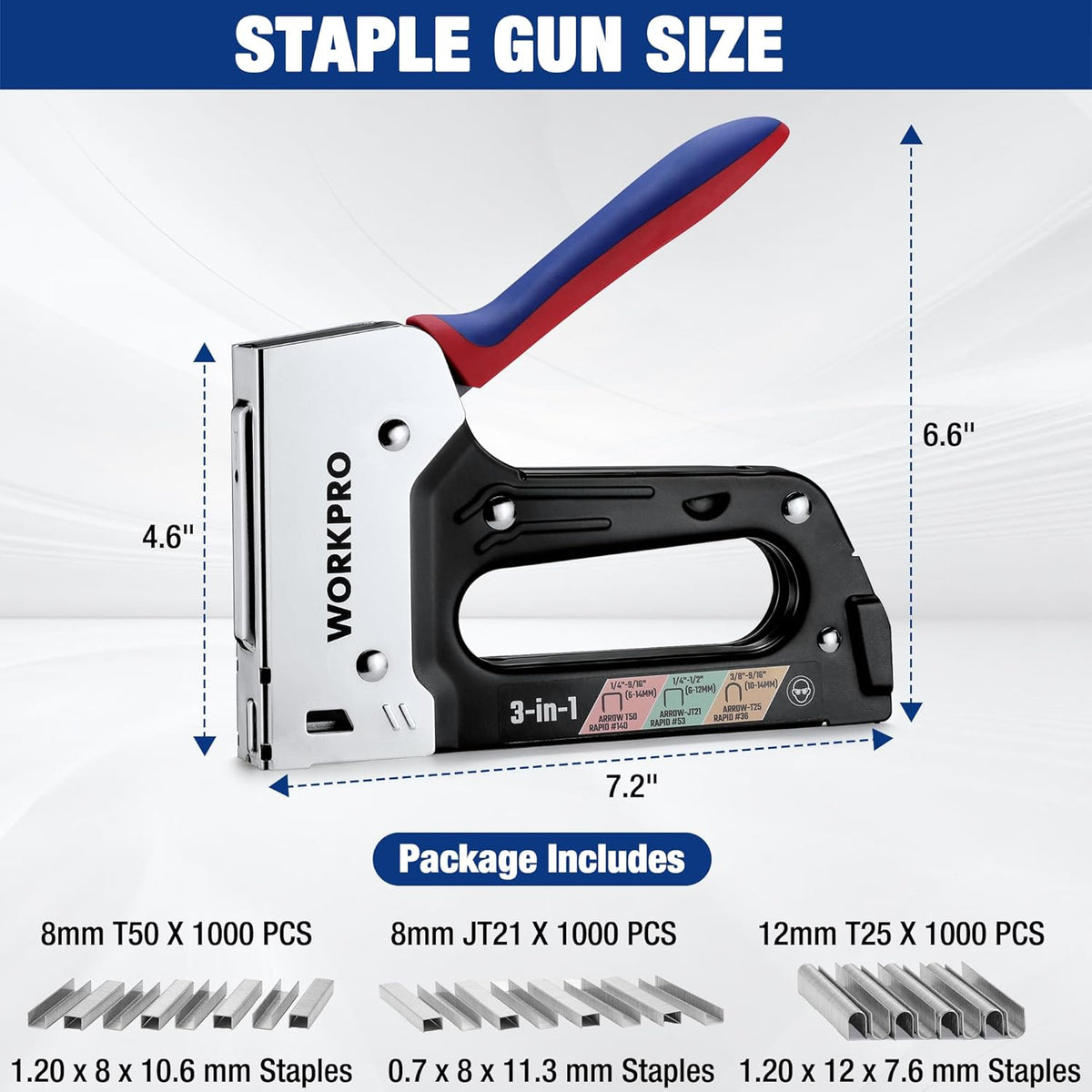 3-in-1 staple gun with size dimensions and included staple types shown below