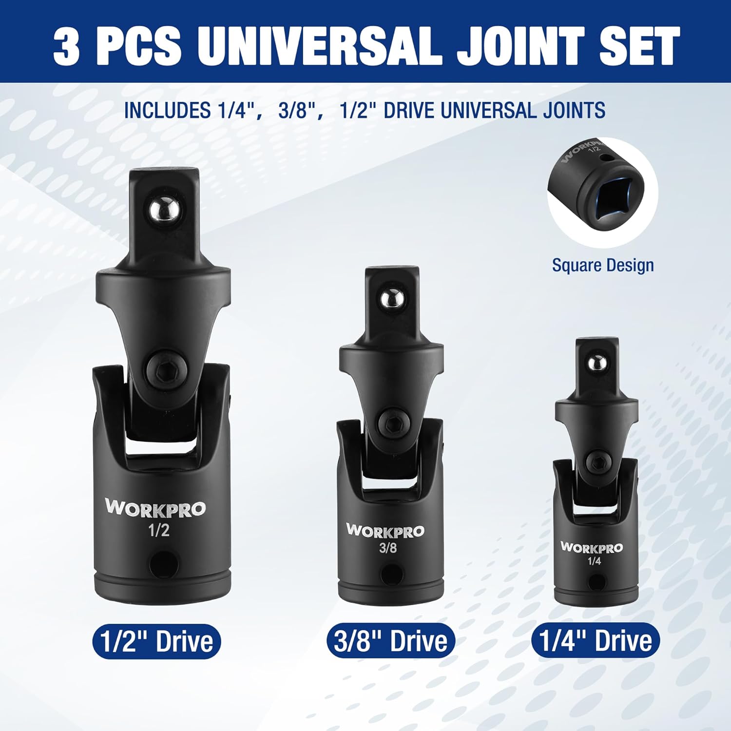 WORKPRO universal joint socket adapter set, 1/2 in, 3/8 in, 1/4 in drives, black