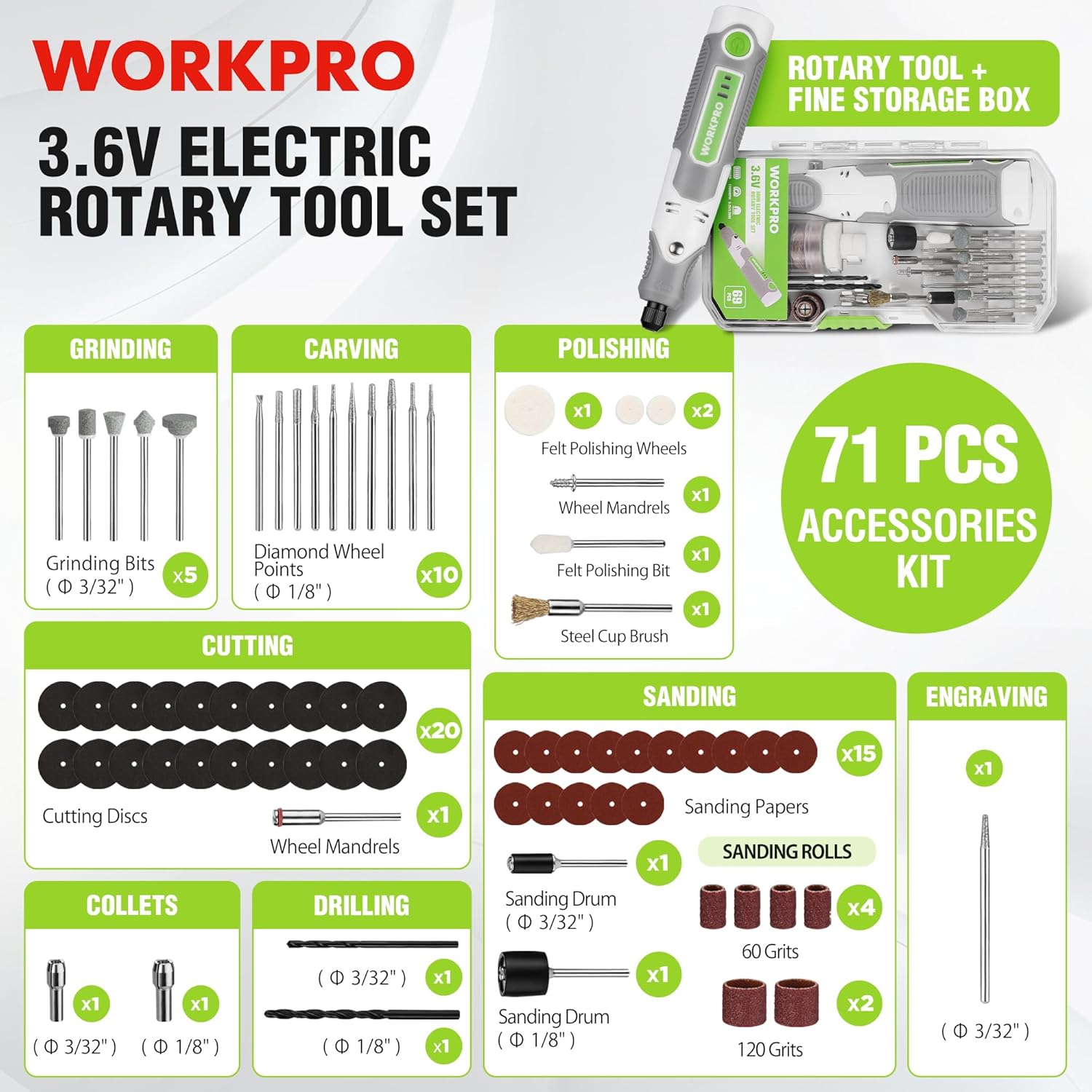 Cordless rotary tool kit with 71 accessories, white and gray tool, and storage case