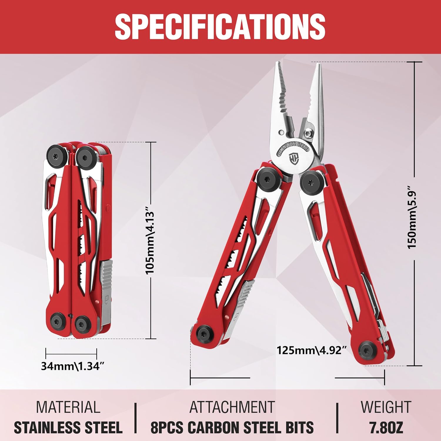 Red stainless steel multitool pliers with pocket clip and included black sheath