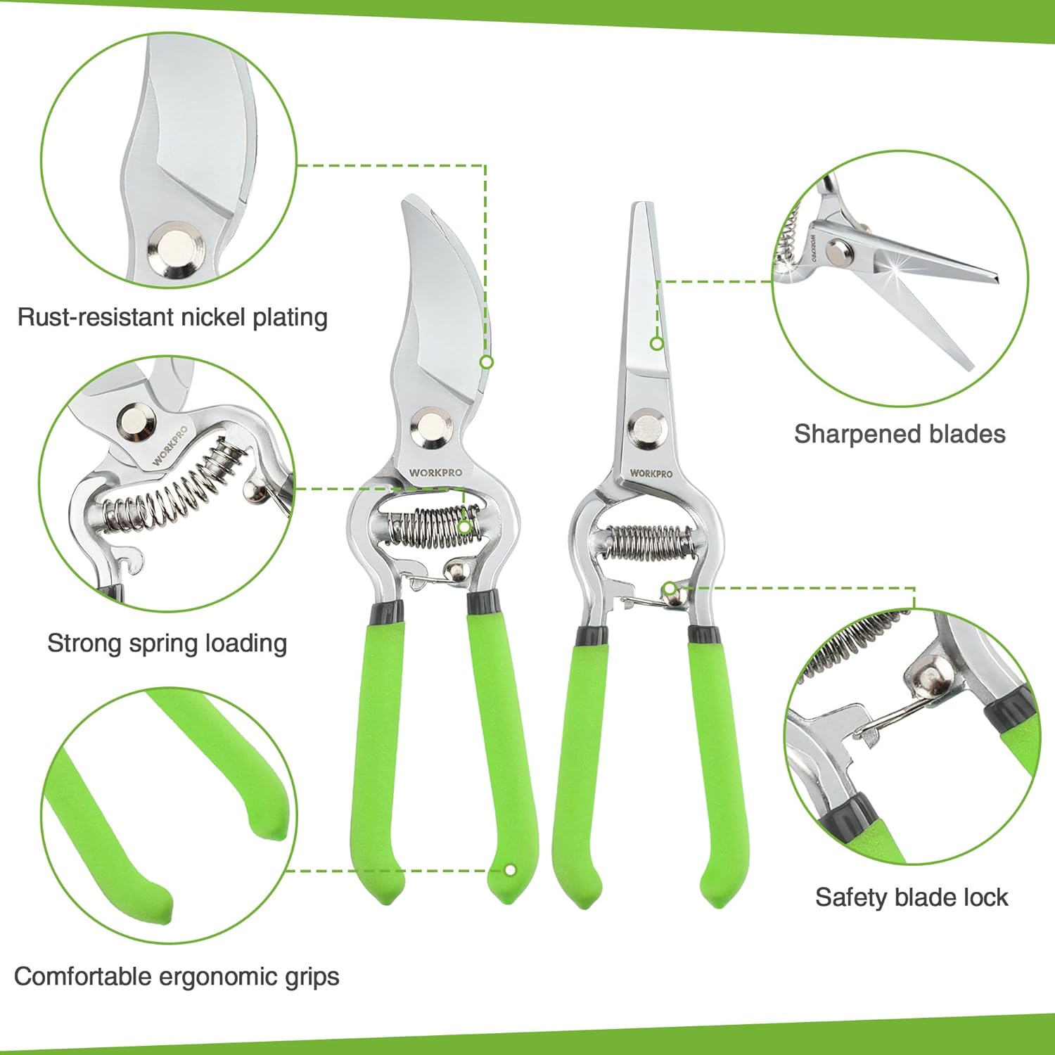 Green-handled pruning shears with sharpened blades, safety blade lock, and spring