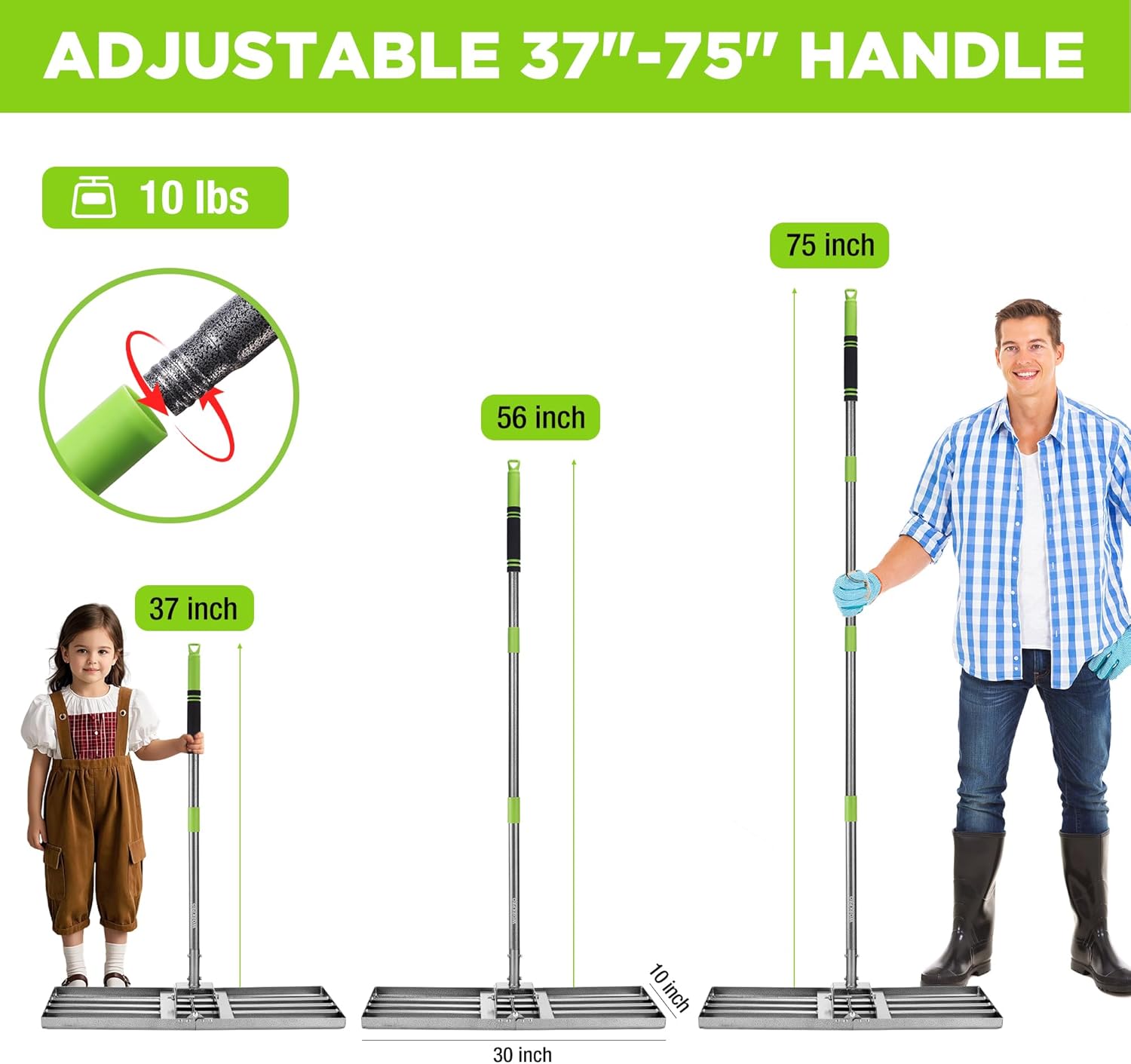 Adjustable lawn leveling rake with 37–75 in handle and 10 lb tool rating