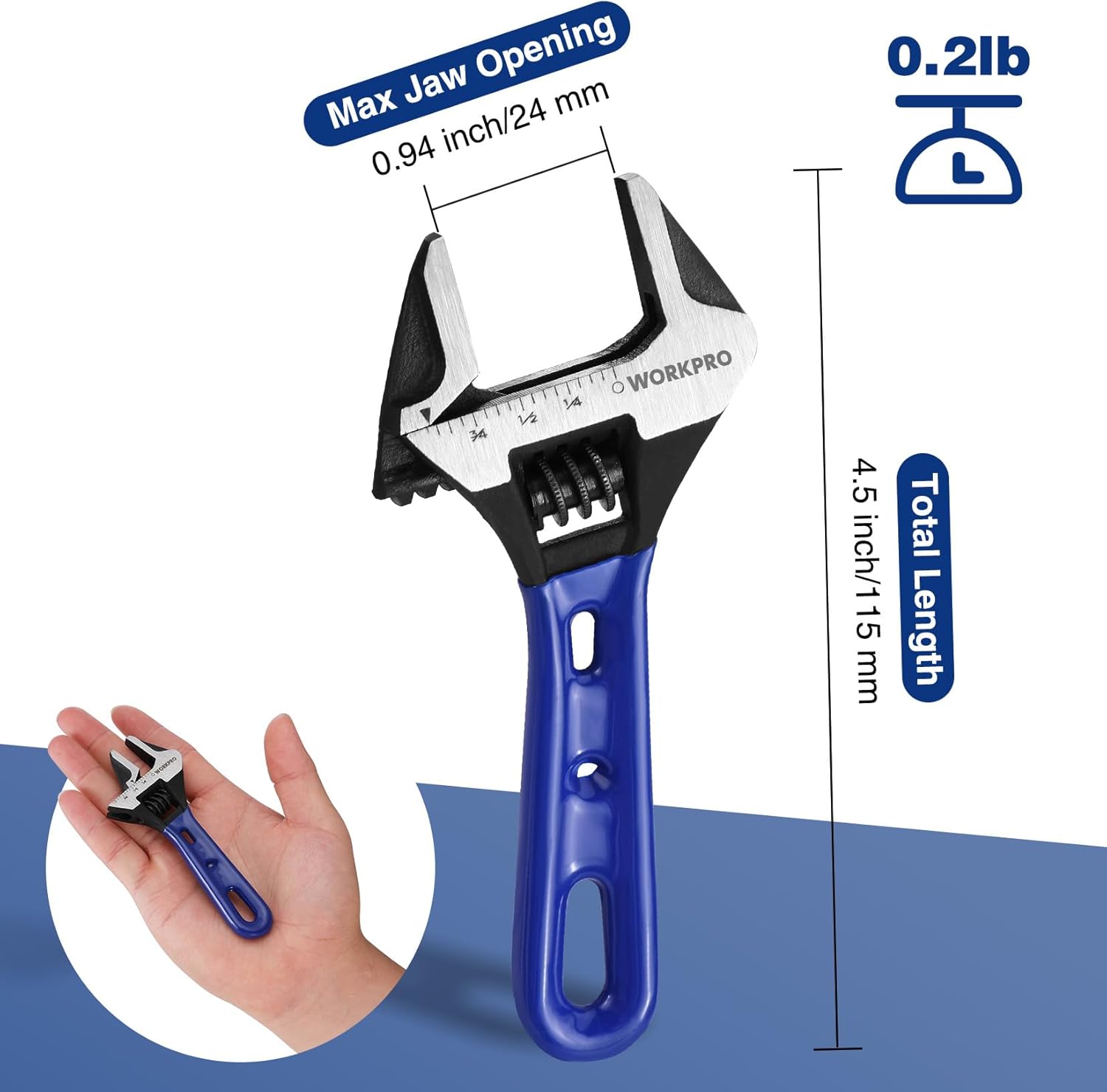 Blue 4-inch stubby adjustable wrench, 0.94 in max jaw opening for confined spaces